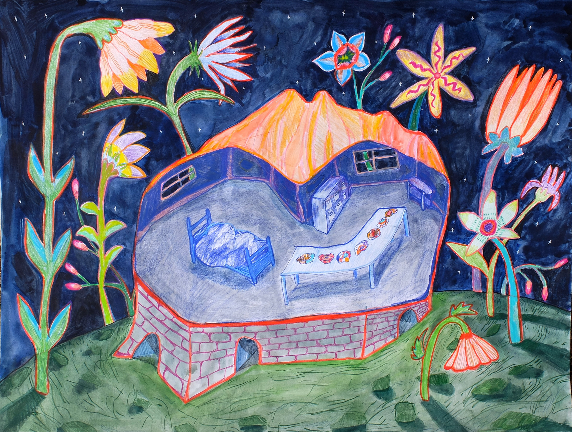 Night Blooms, 2025, 18”x24”, pencil crayon and watercolor on paper.