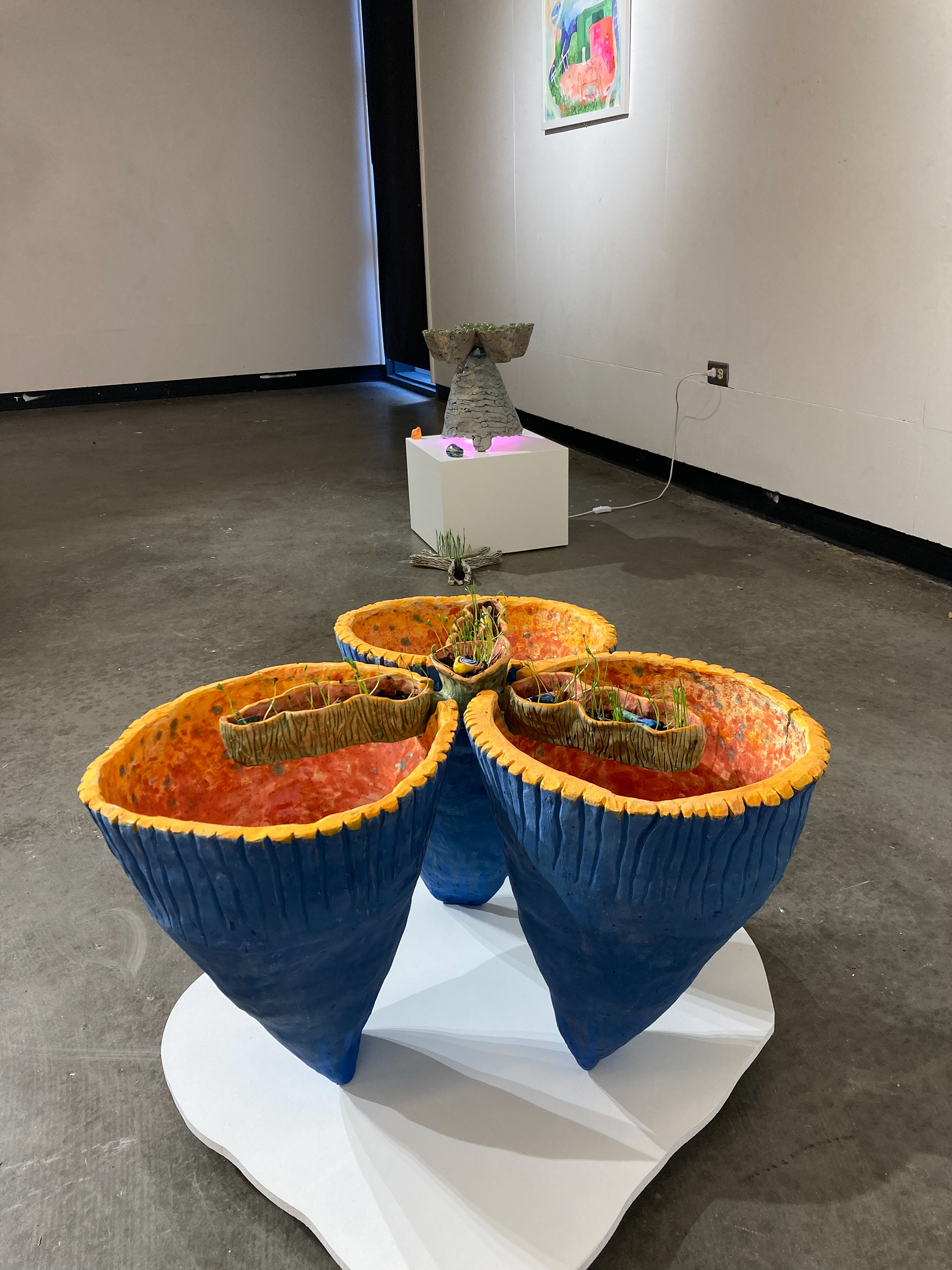 Vertical Petals Tripod, ceramic, stains, glaze, seeds, 2024