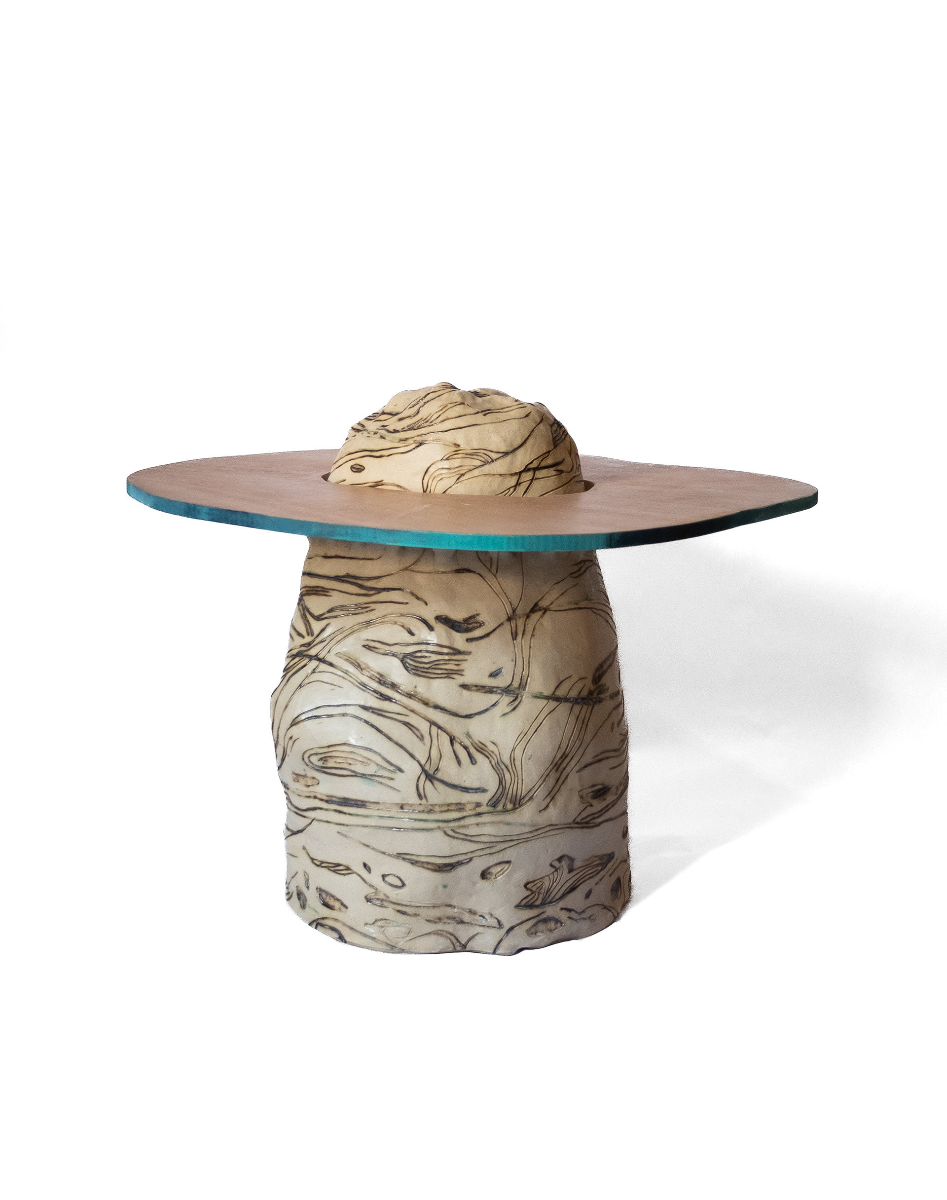 From Horsetooth, 2024, H: 18.5", D: 20", W: 24", stoneware, black copper oxide, glaze, wood, acrylic paint.