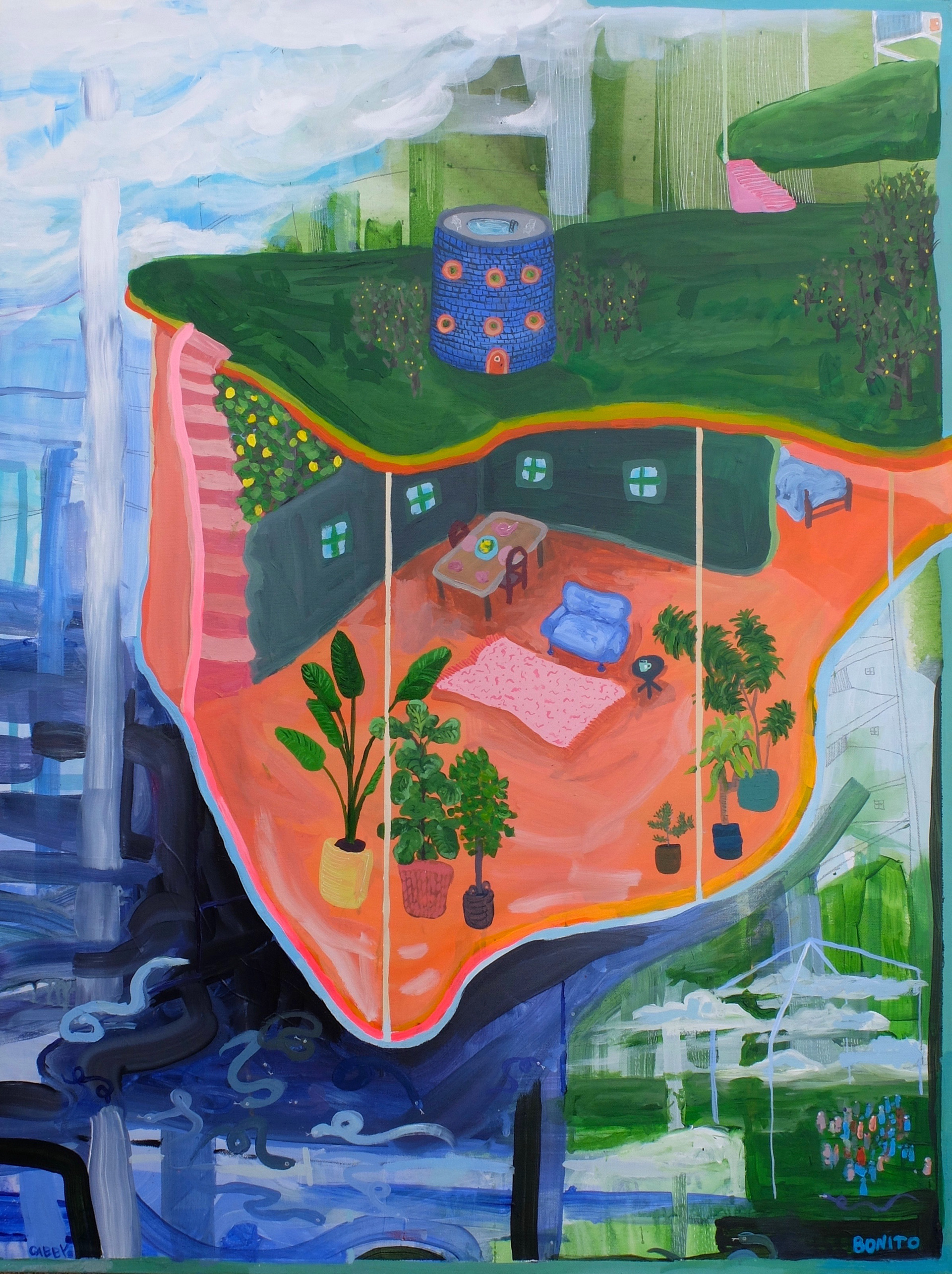 Bonito, 2020, 40"x30". acrylic, graphite, and pen on canvas. 