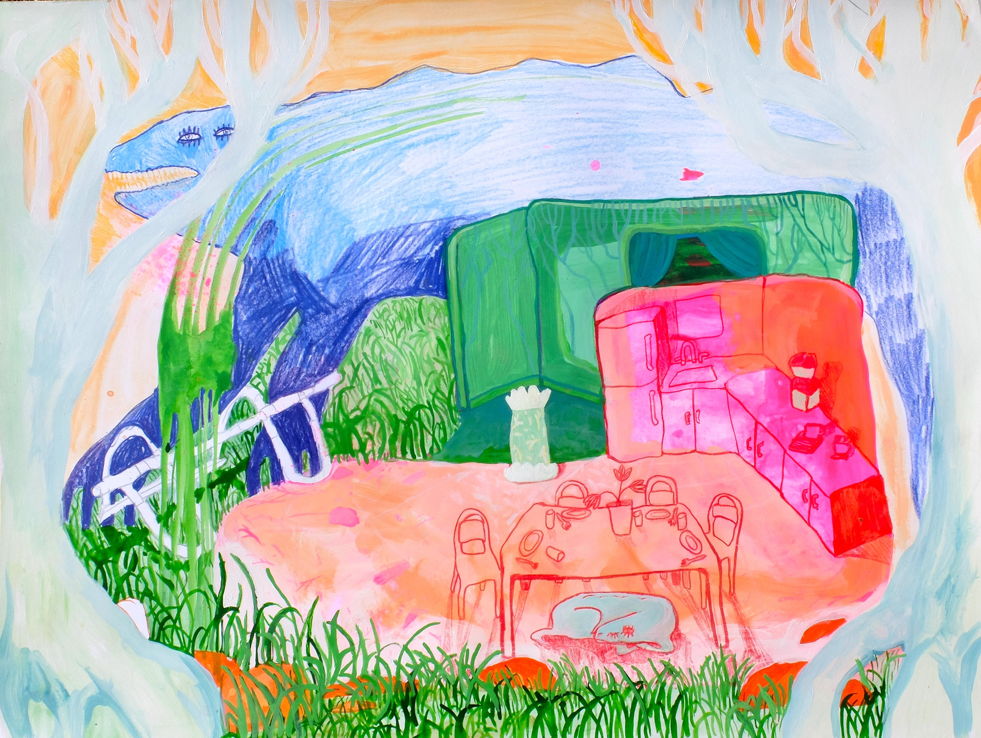 For Now, 2024, 18"x 24", watercolor, acrylic, pencil crayon, ink, and marker on paper.