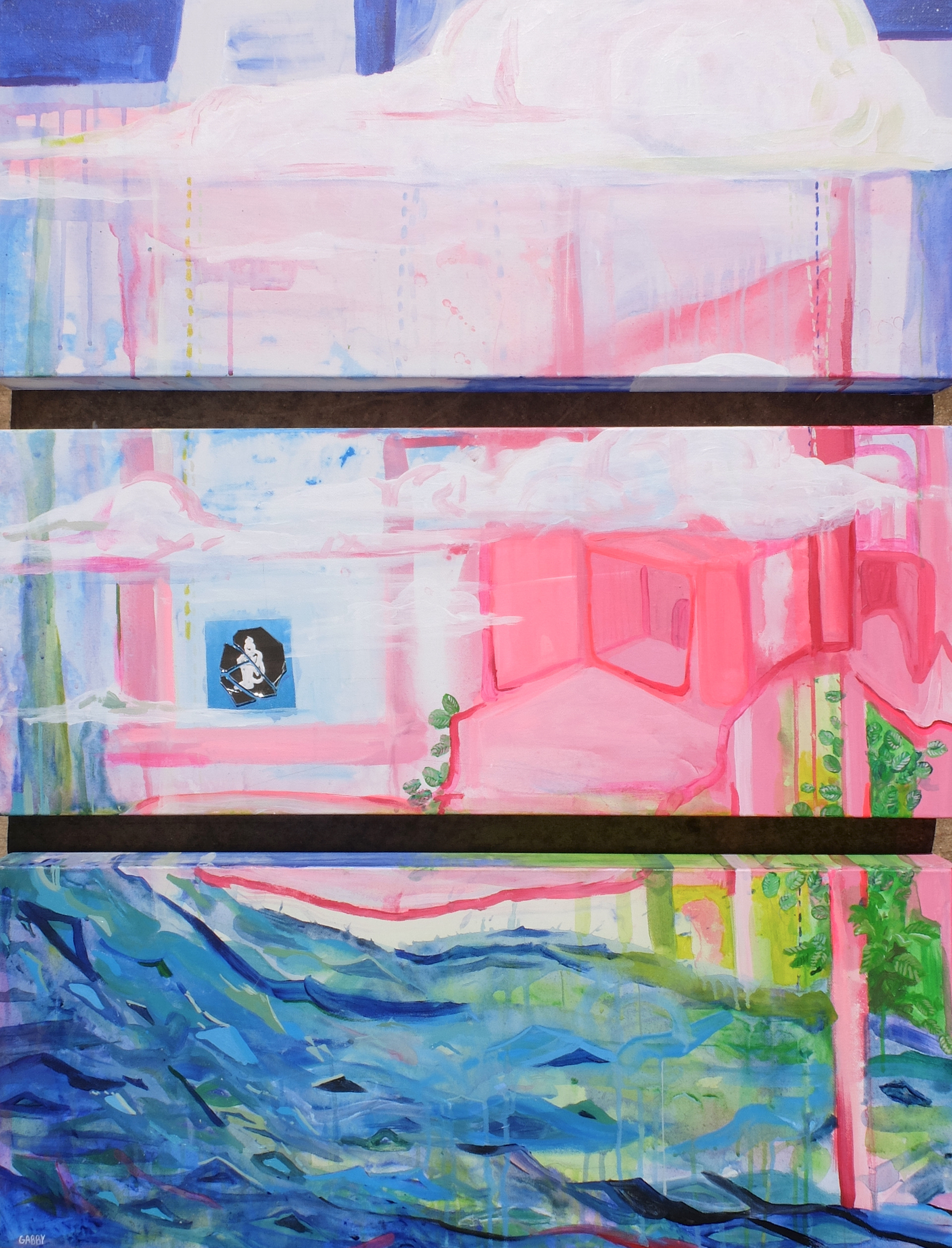 Free Fall/ Trust Fall, 2020, 3x 12”x30”, triptych, acrylic and mirror on canvas.