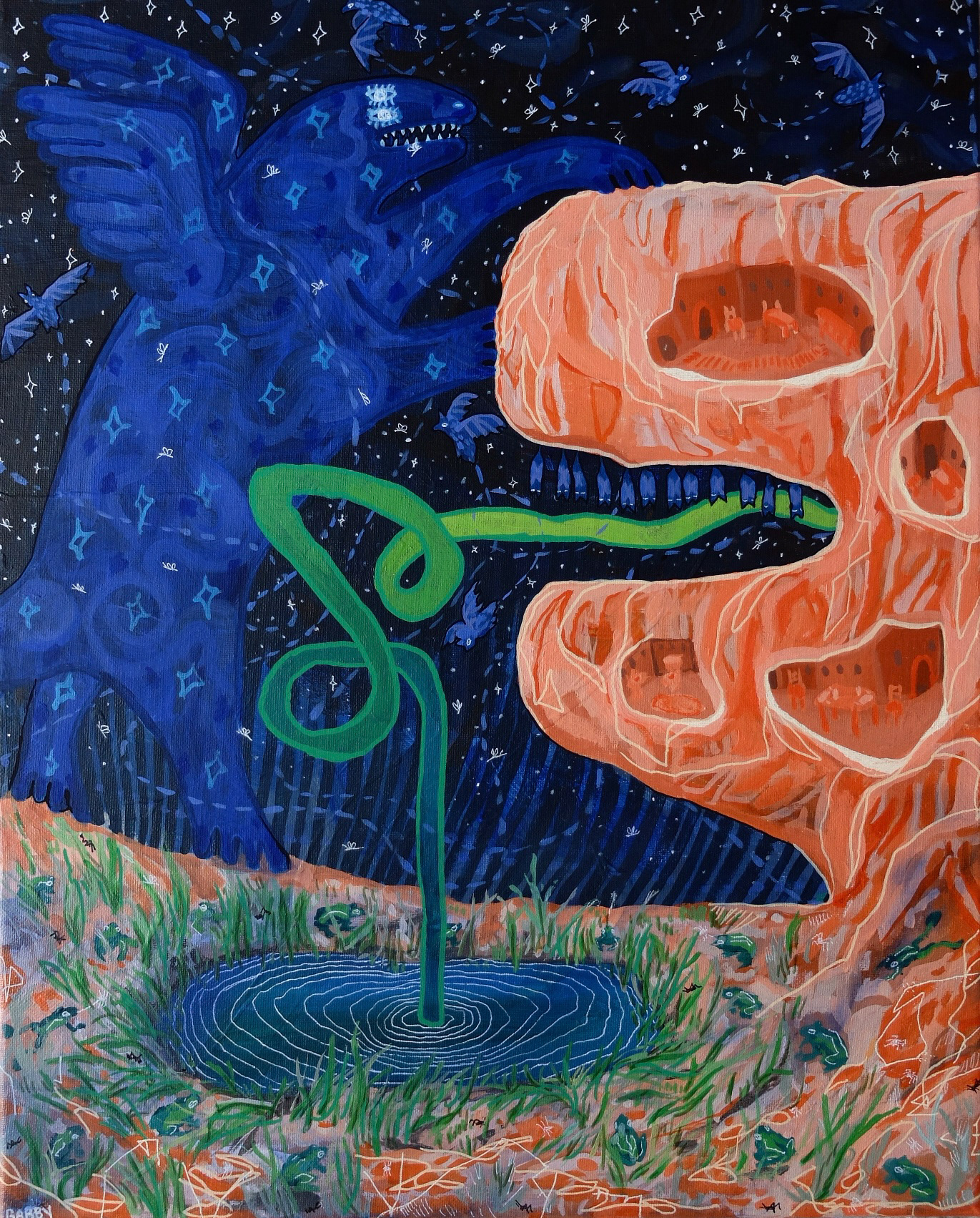 The Cave Mouth Opens to Release the Night, 2022, 20"x16", acrylic and ink on canvas.