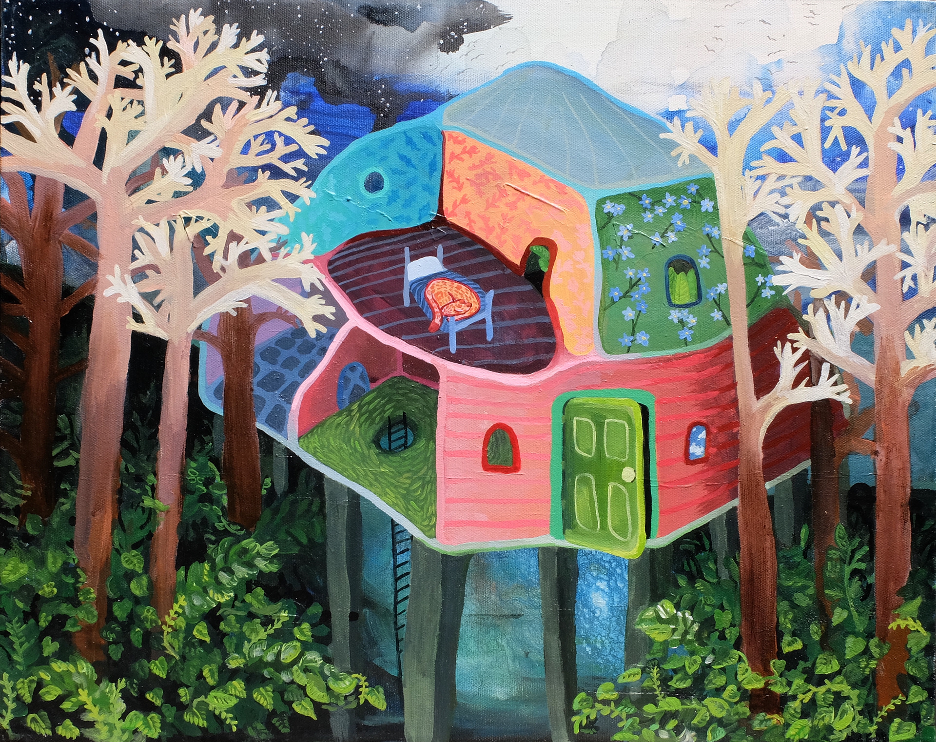 Sleep Well Beast, 2023, 16"x20" acrylic and ink on canvas. Sold.
