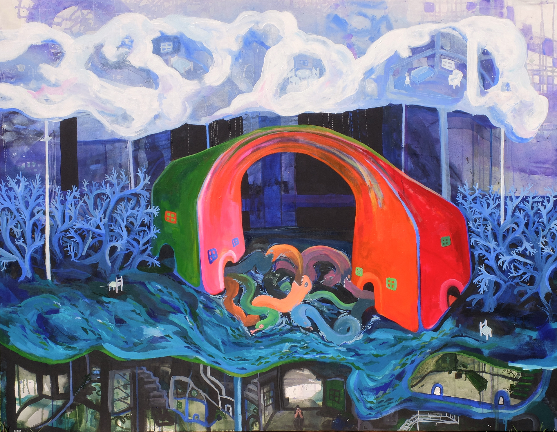 Mediator, 2021, 48”x62”, acrylic, ink, glitter.