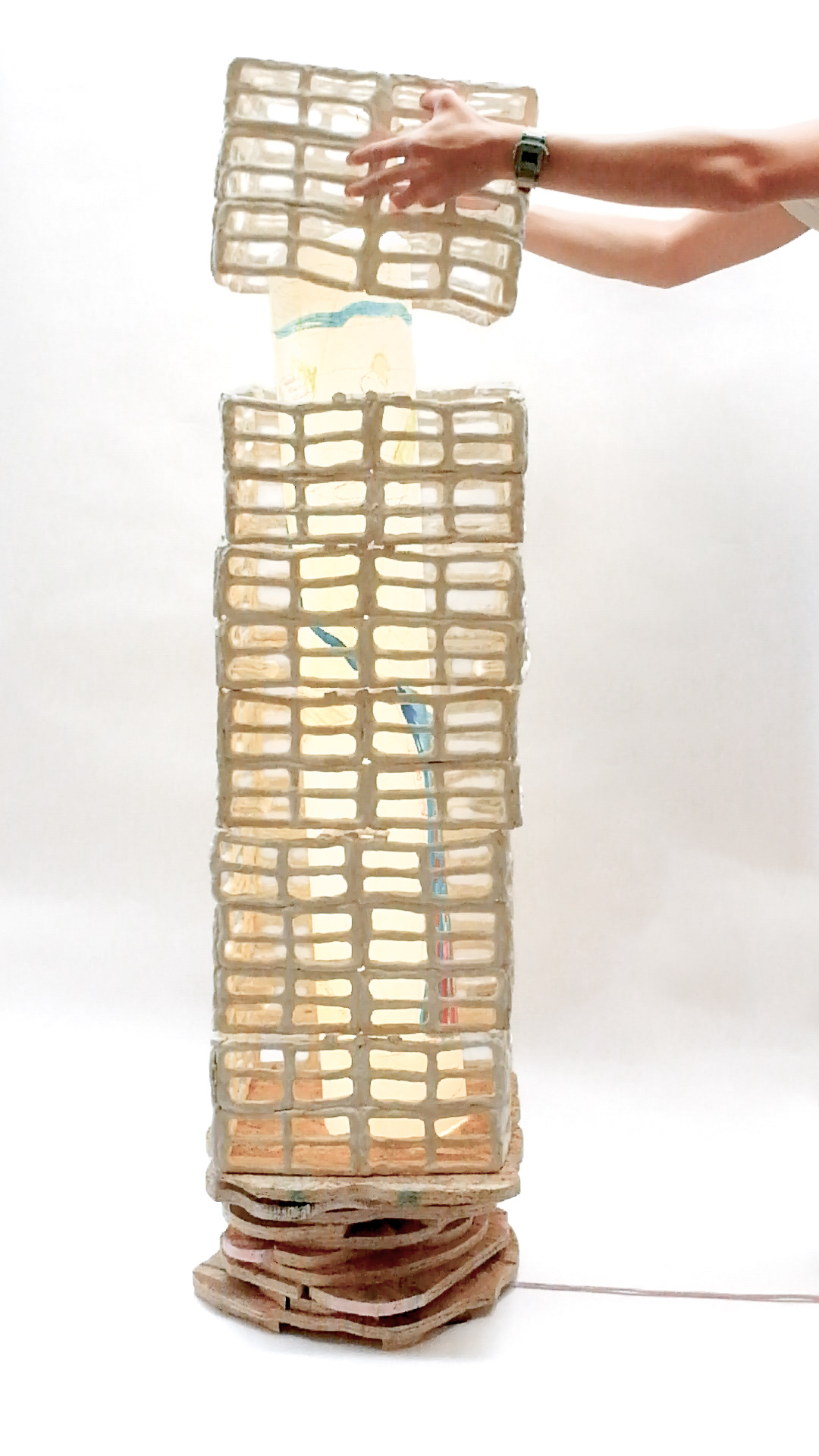 WIndows Lamp, 2025, W: 13.5” H: 52” D: 13.5”, stoneware, glaze, plywood, paper, electric components.