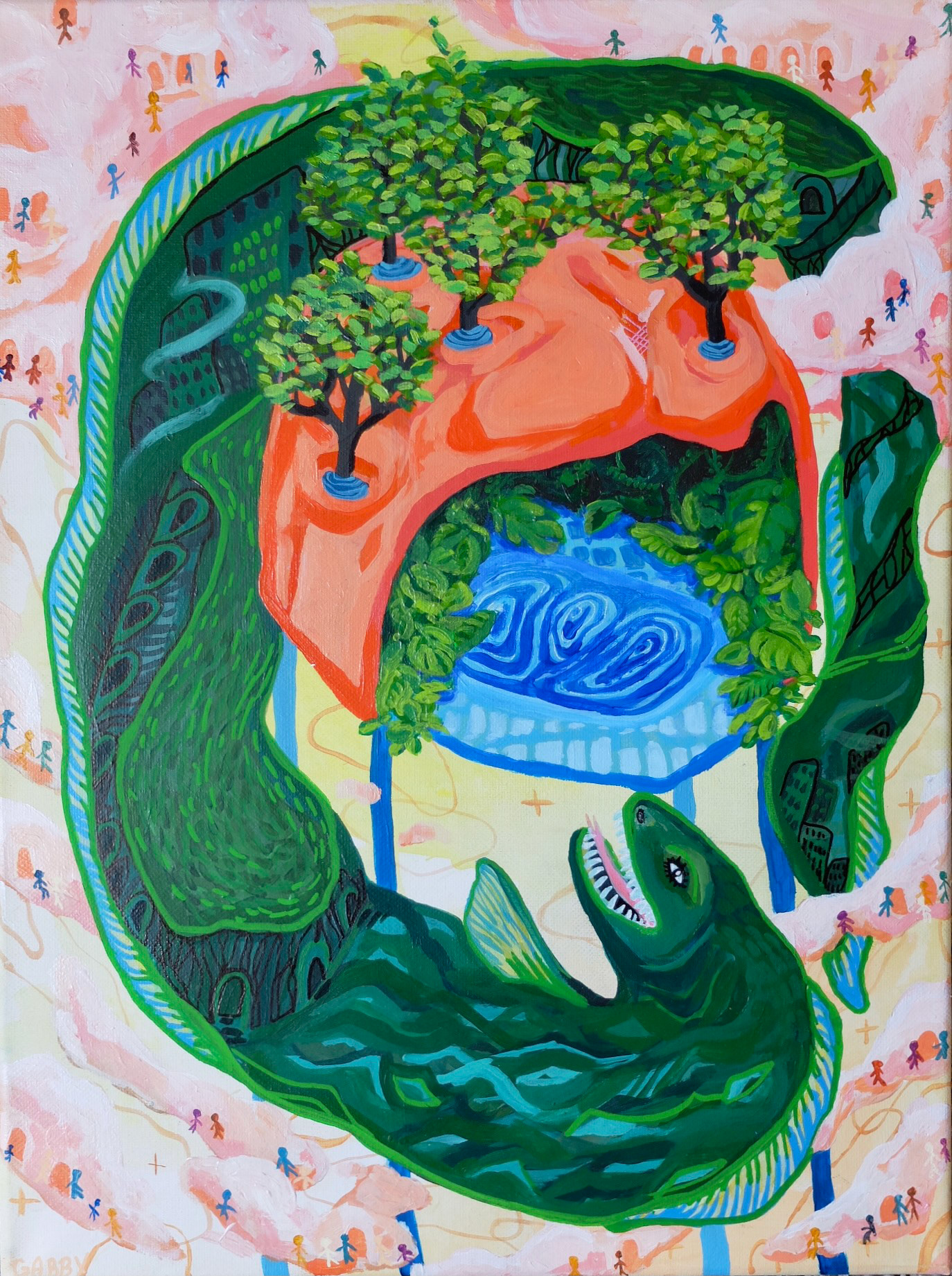 The Deep End, 2022, 16"x12", acrylic and Ink on canvas. 