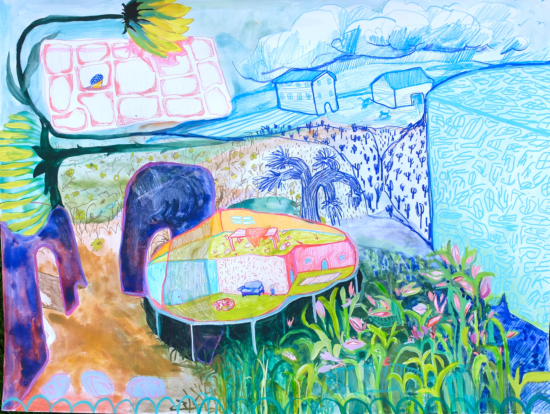 Early Construct, 2025, 18"x24", watercolor, pencil crayon, ink, and acrylic on paper