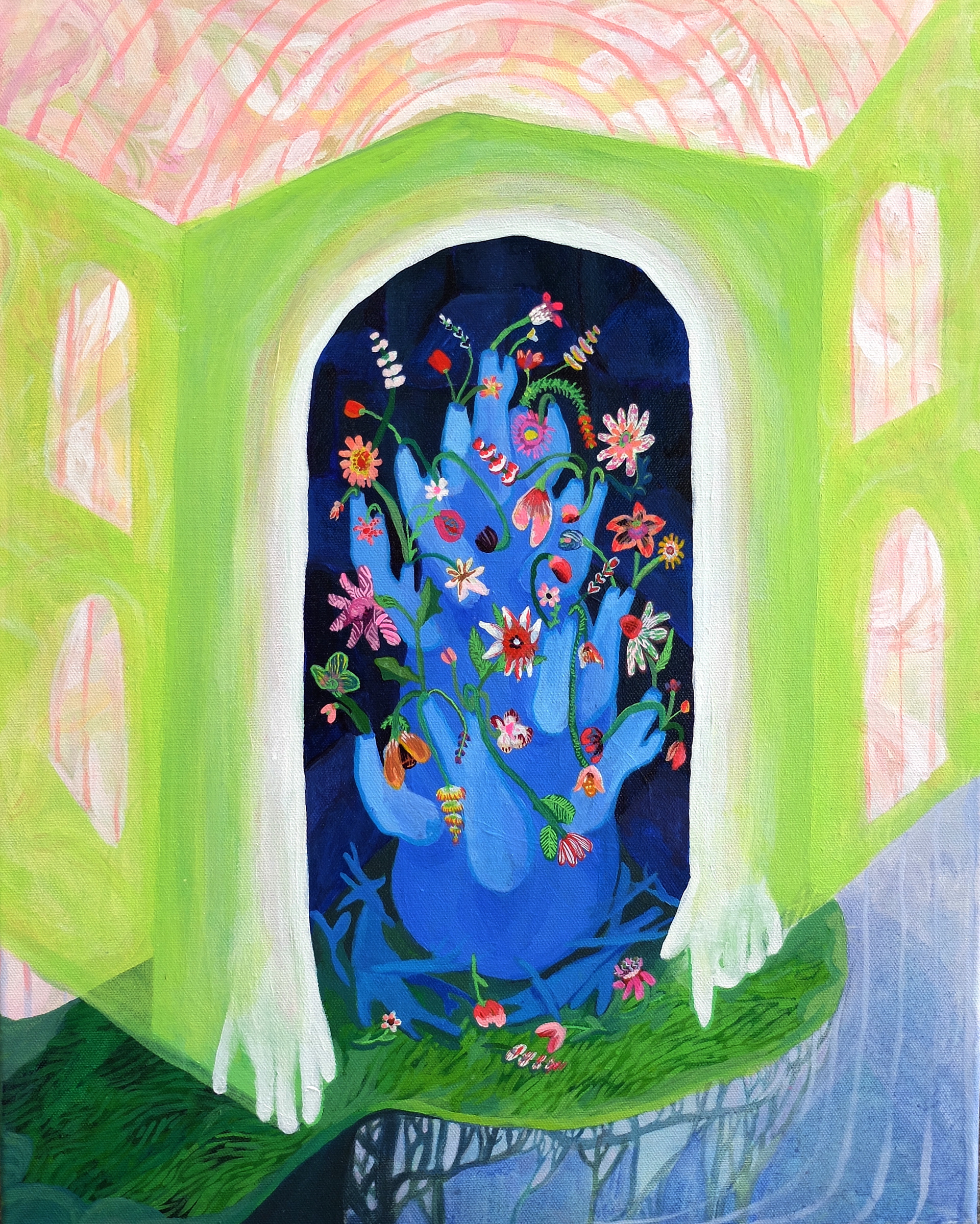 Offering, 2024, 16"x20", acrylic and ink on canvas.