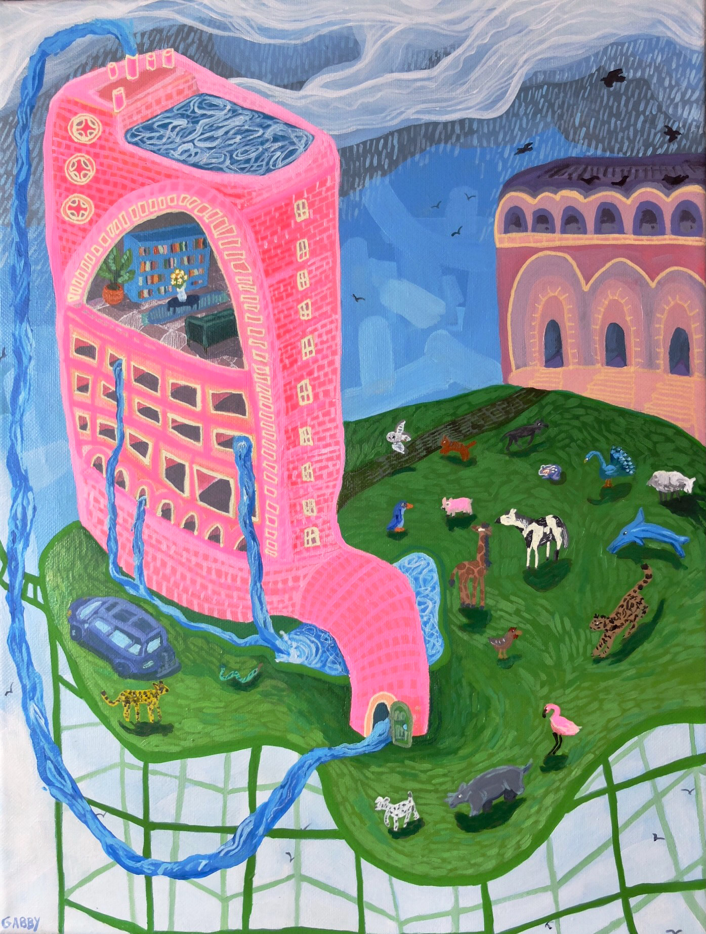 Animal Campus, 2022,  16"x12", acrylic and ink on canvas.