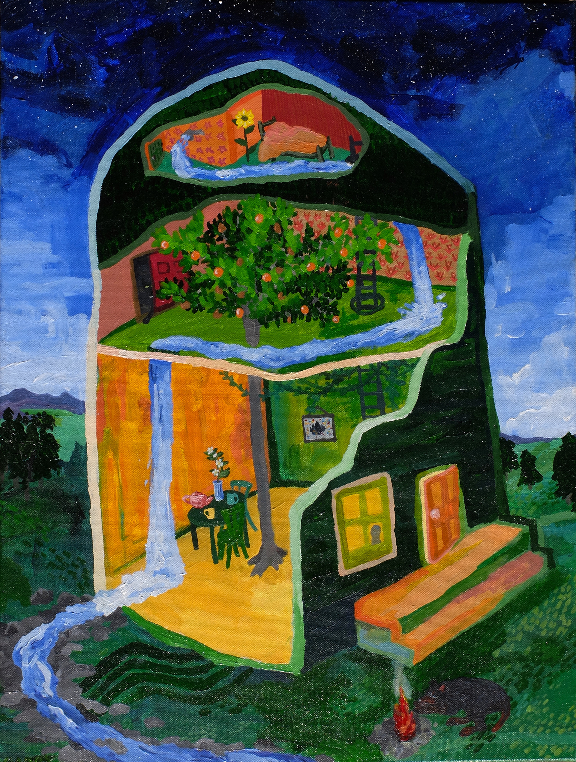 Micah's House, 2019, 24"x18", acrylic and ink on canvas.  