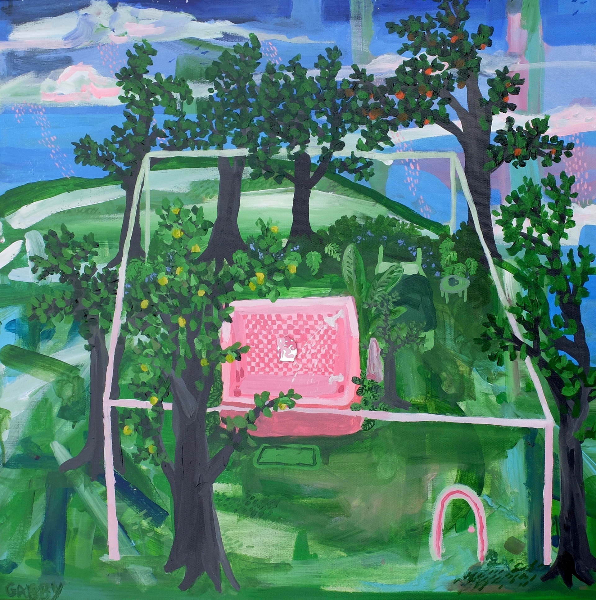 Pink Shower, 2020, 24"x24", acrylic and mirror on canvas.