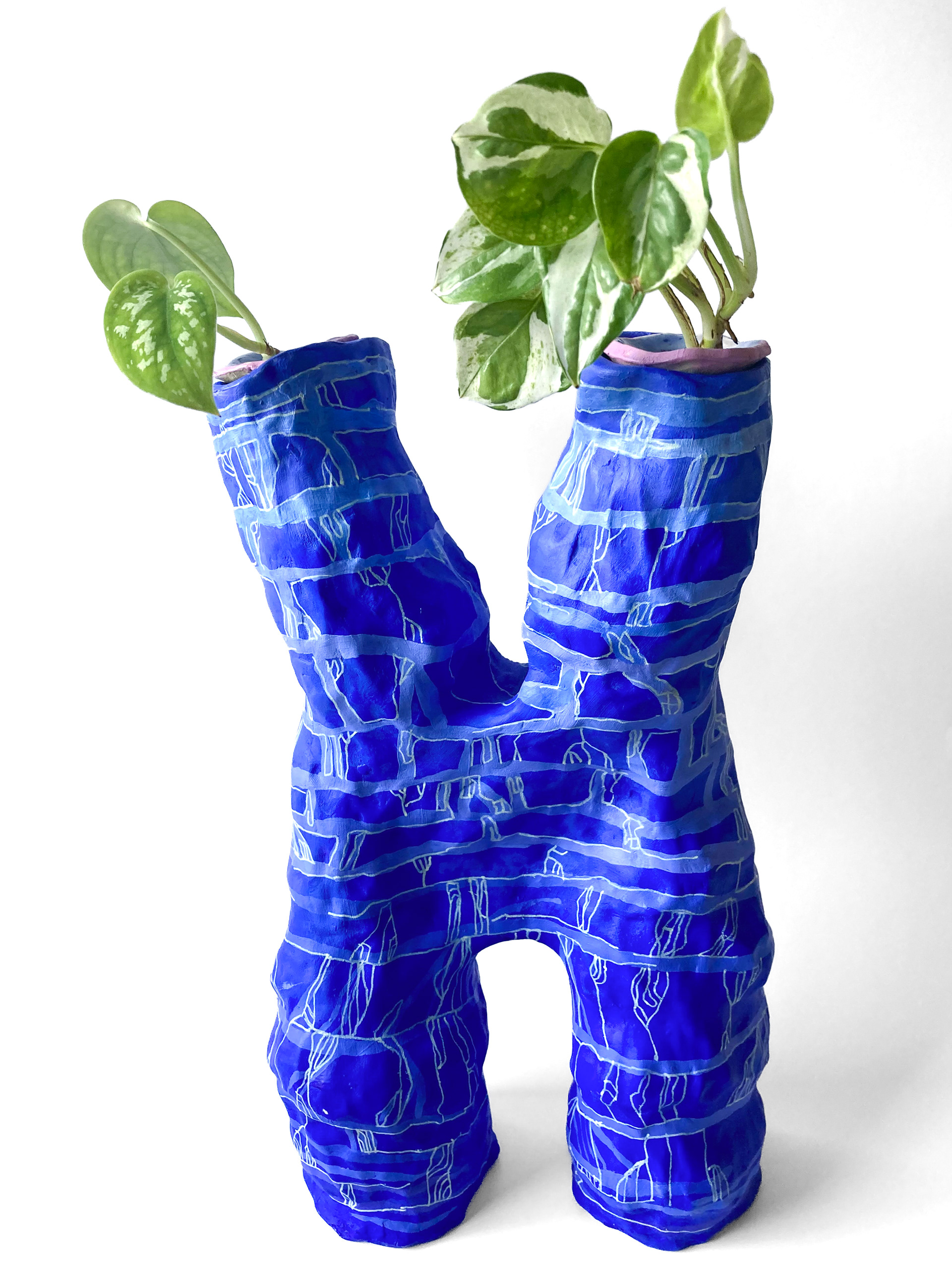 Double Vase, 2023, 12"x7", stoneware, glaze, acrylic paint.