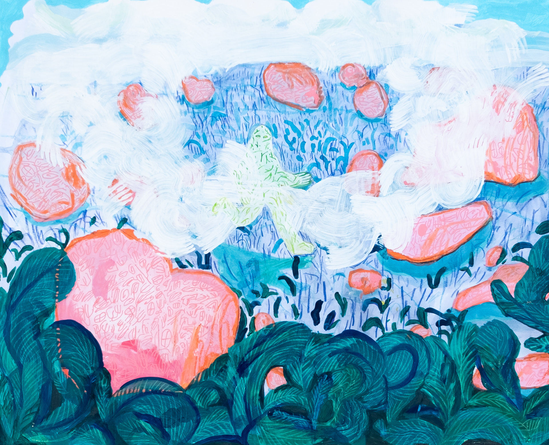 Just Passing Through, 2026, 16"x18", acrylic, watercolor, ink, and colored pencil on paper. 