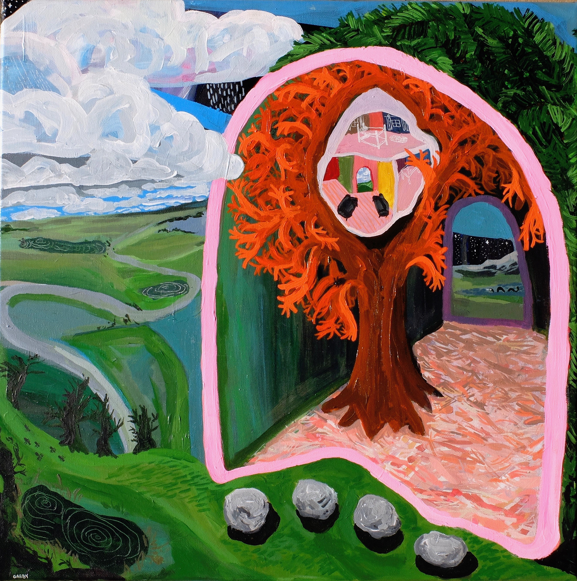 Yew Bush, 2021,  20”x20”, acrylic and ink on canvas. 