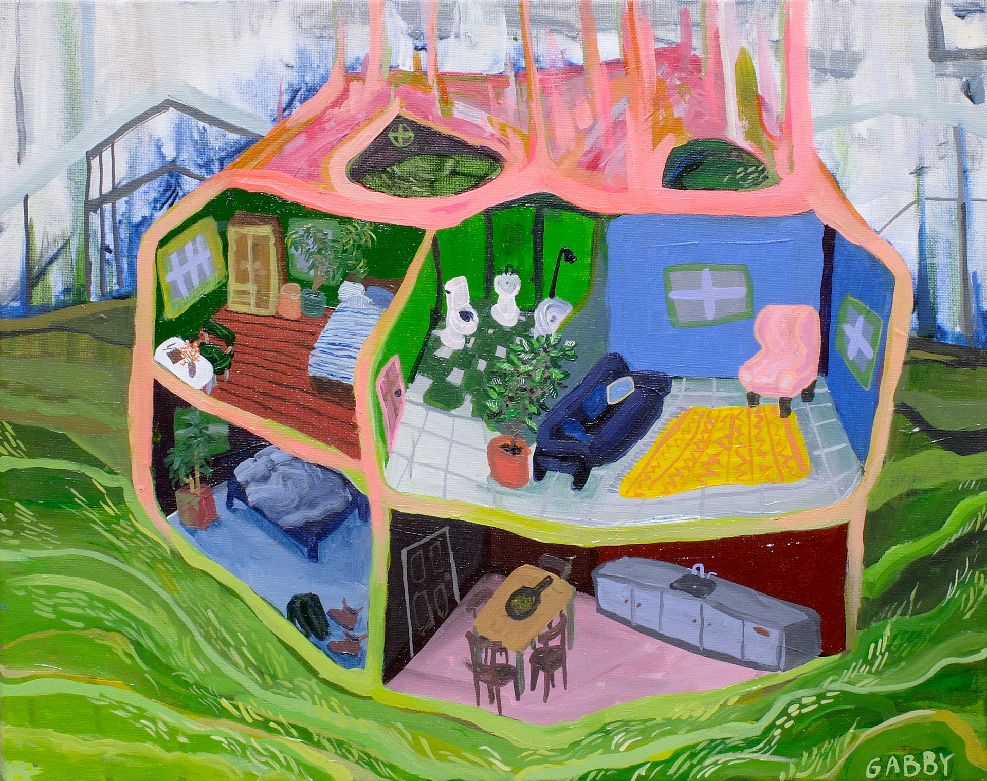 Flip Side, 2021, 20”x16” acrylic and ink on canvas. 