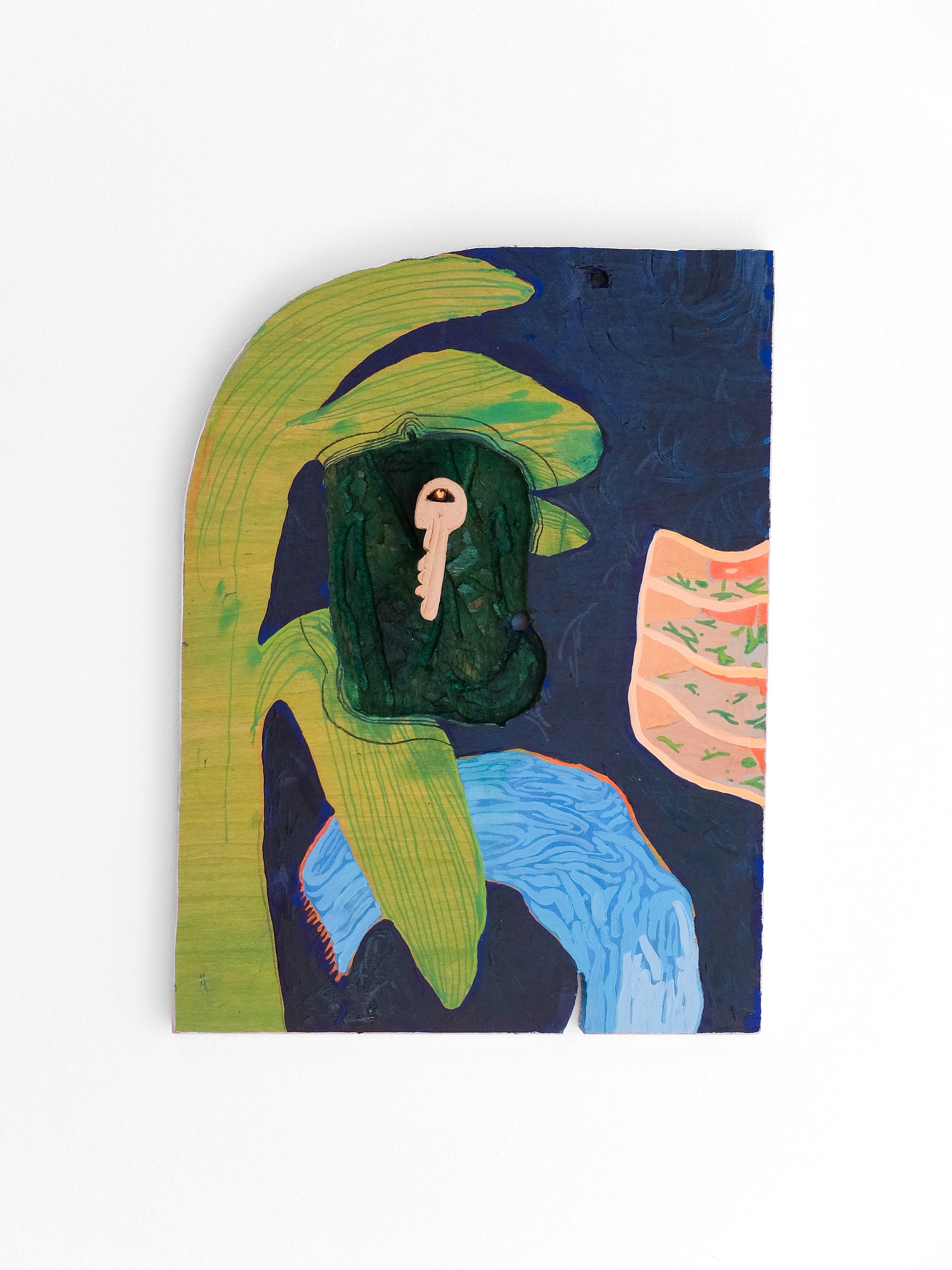 We Lost The Key, 2026, 12"x9", acrylic, oil, pencil crayon, and stoneware on wood. 