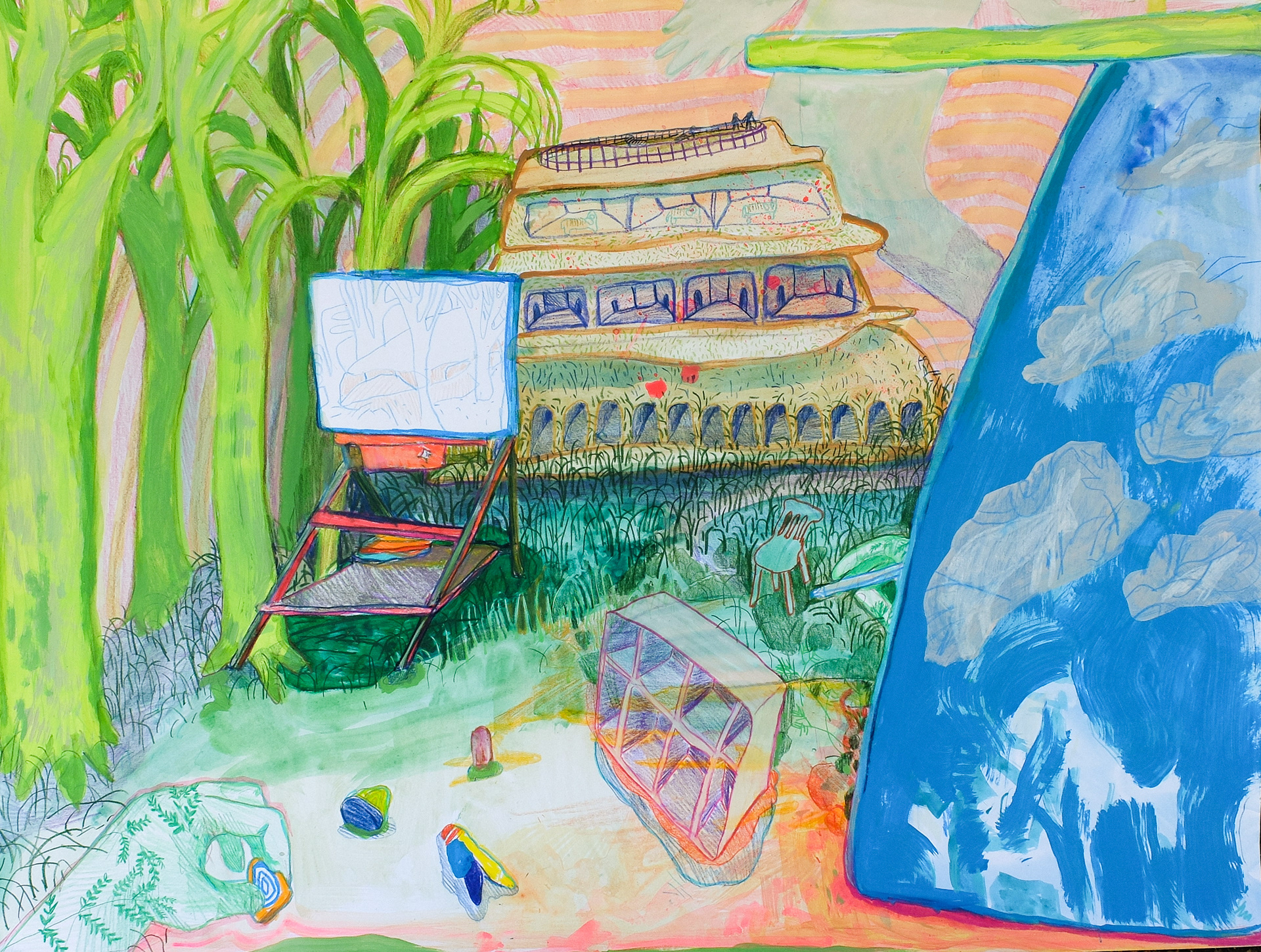 The Familiar, 2025, 18"x24", watercolor, acrylic, pencil crayon, and ink on paper,.