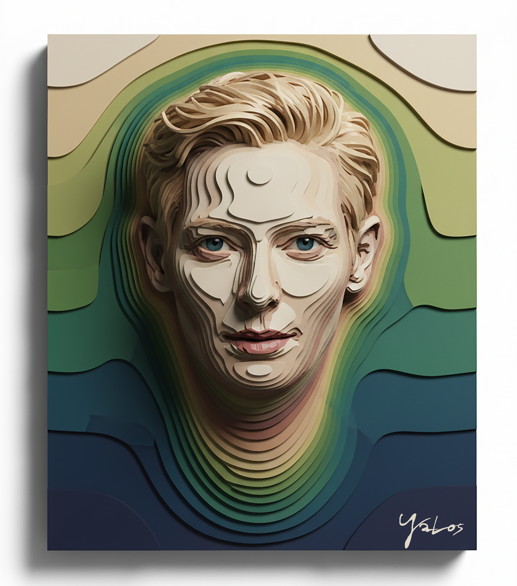 Tilda Swinton 3D layered relief wall portrait displayed on white wall, side lighting emphasizing contours