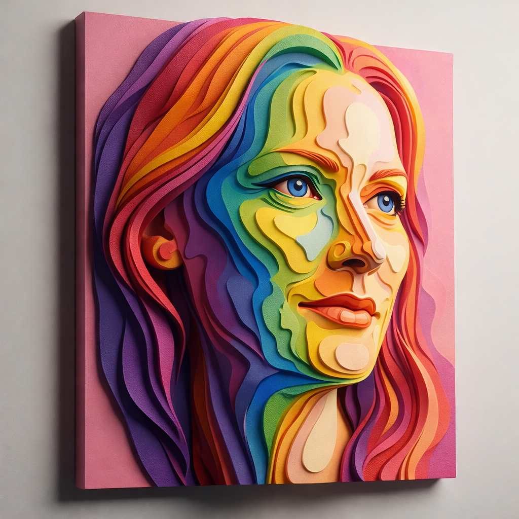 Completed topographic portrait panel mounted on wood backing for wall display