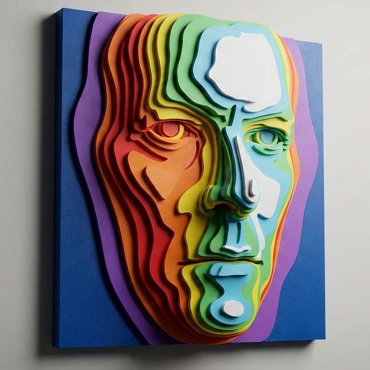 Series of layered wall portrait sculptures shown in gallery-style grid