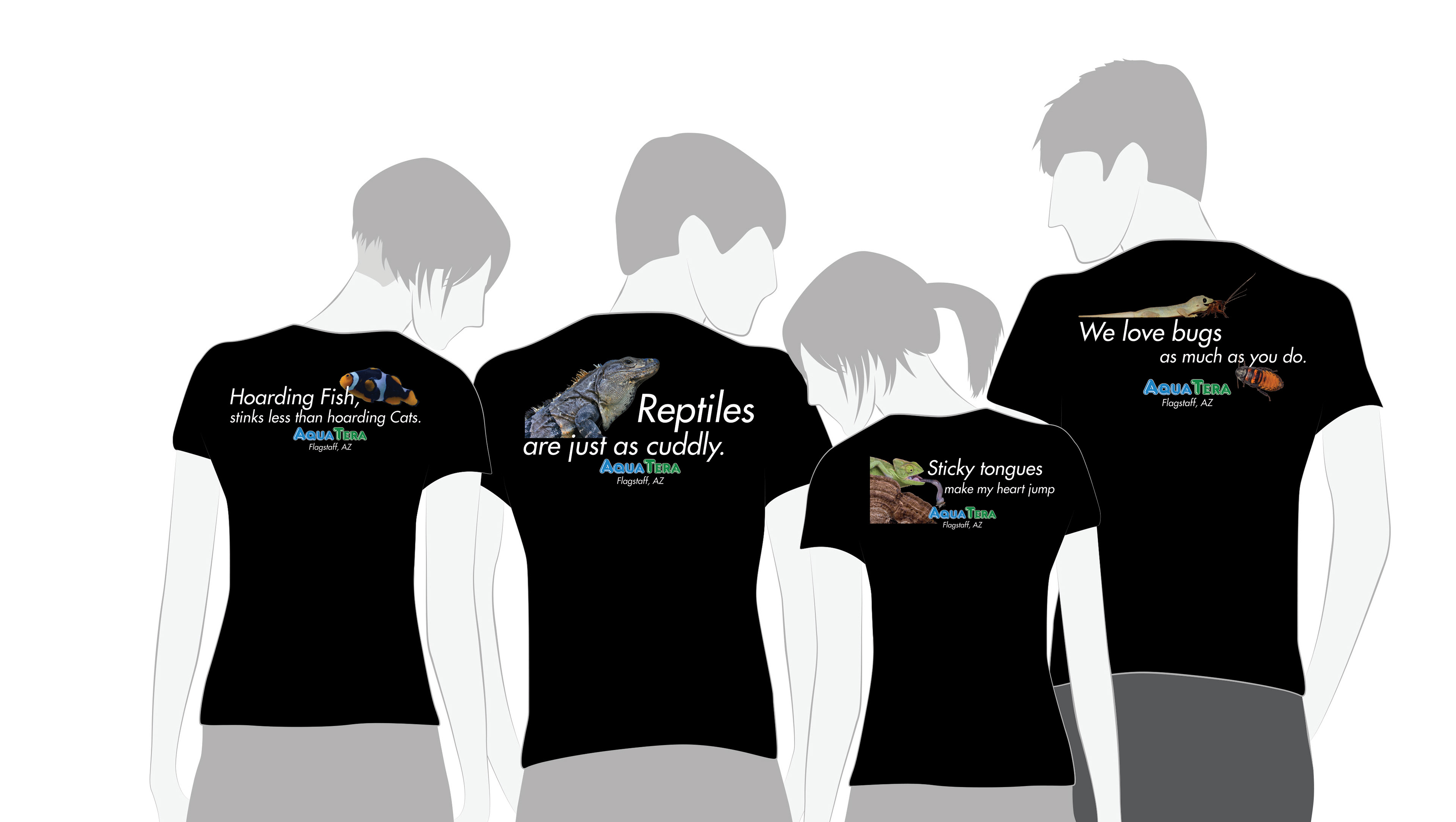 Shirt designs that were for sale "hoarding fish, stinks less than hoarding cats, reptiles are just as cuddly, sticky tongues make my heart jump, we love bugs as much as you do.