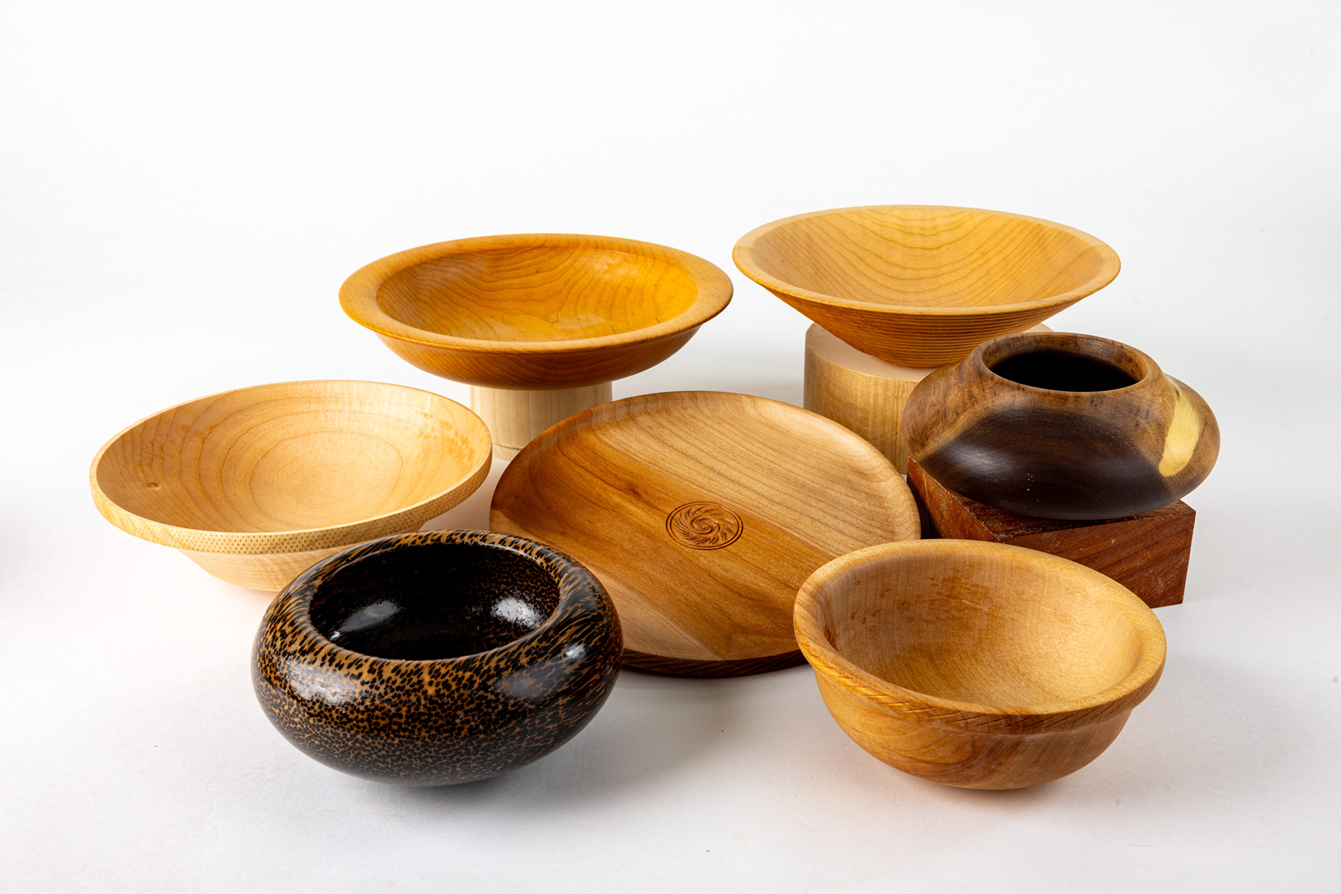 Bowls in Maple, Birch, Sycamore, Walnut, and Black Palm