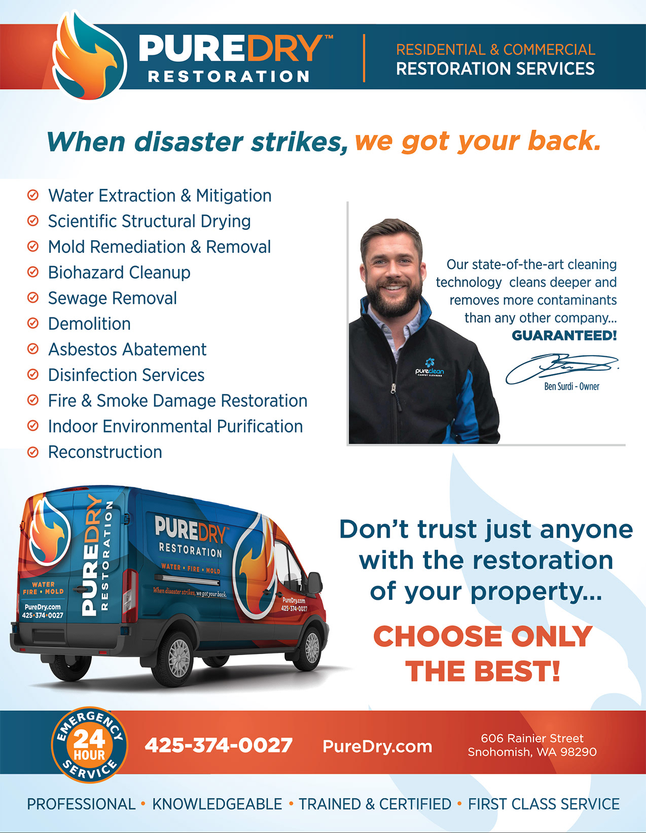 Full page Ad, Pure Dry Restoration, Snohomish, WA