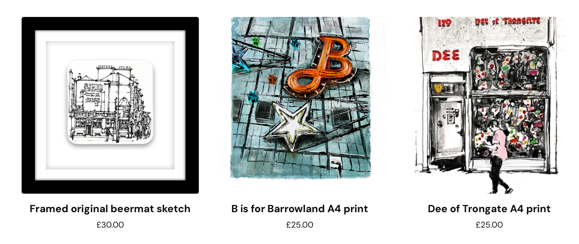 Illustration of items on sale on Liz Reid Art online shop