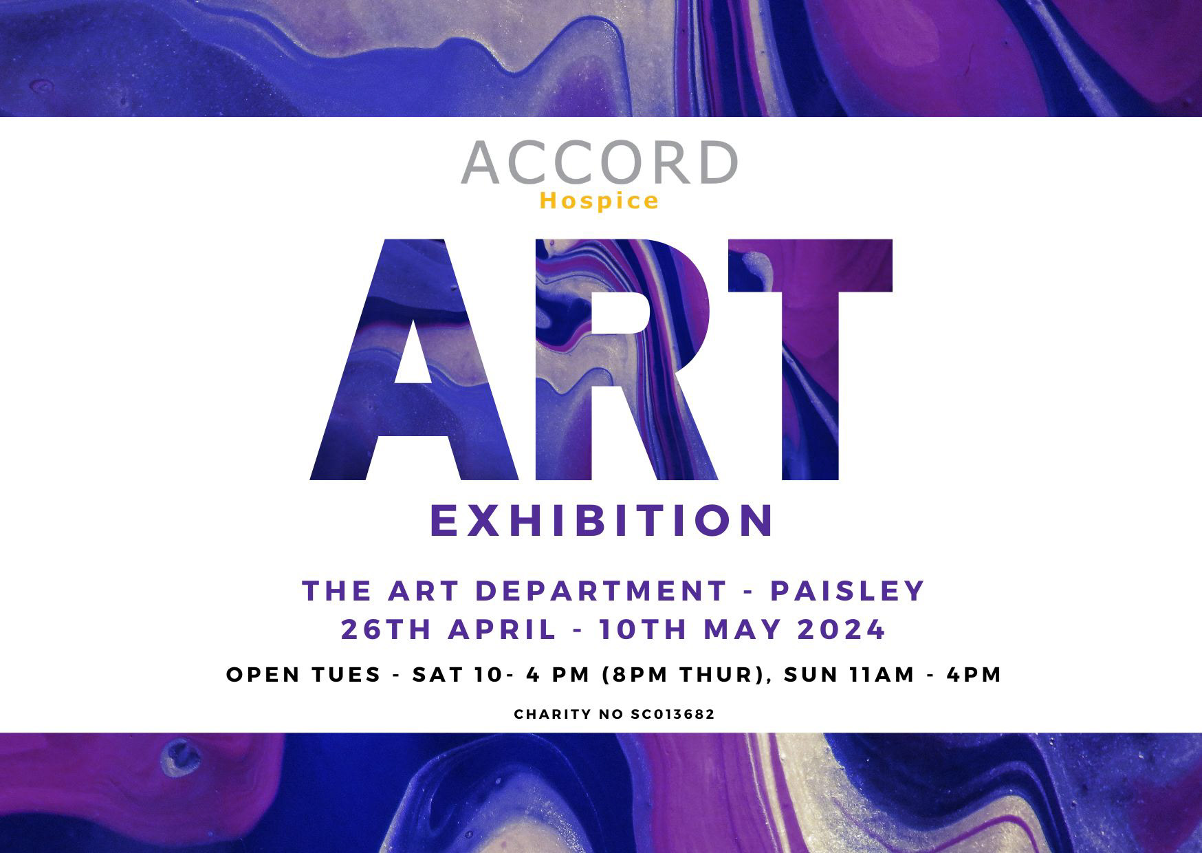 Accord Hospice Art Exhibition 26 April - 10 May 2024 Open Tuesday to Saturday, 10am-4pm (8pm Thursday, Sunday 11am-4pm (Charity no SCO13682)