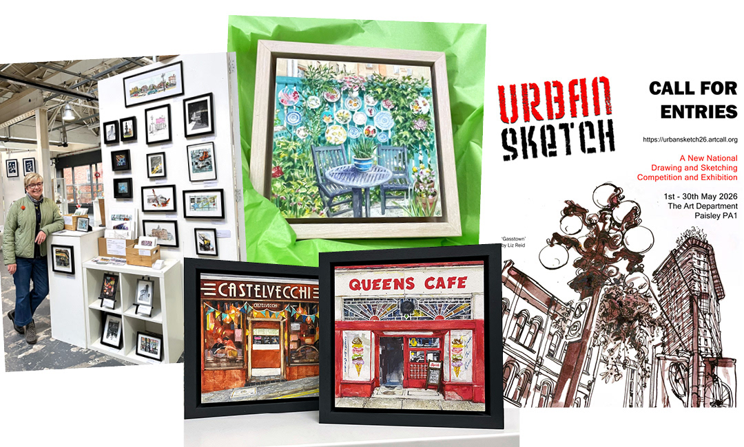 Composite image showing the artist with her work, close-up views of three paintings, and a poster advertising the upcoming art exhibition called Urban Sketch