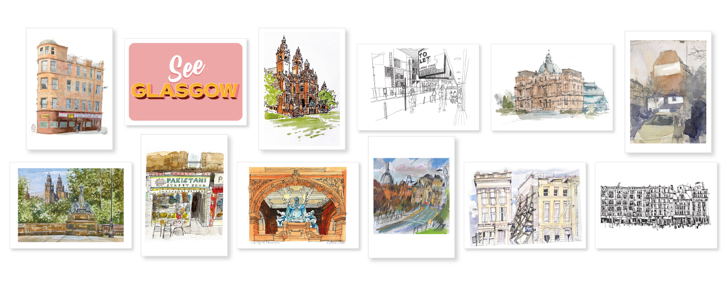 12 illustrated postcards of urban sketches of Glasgow