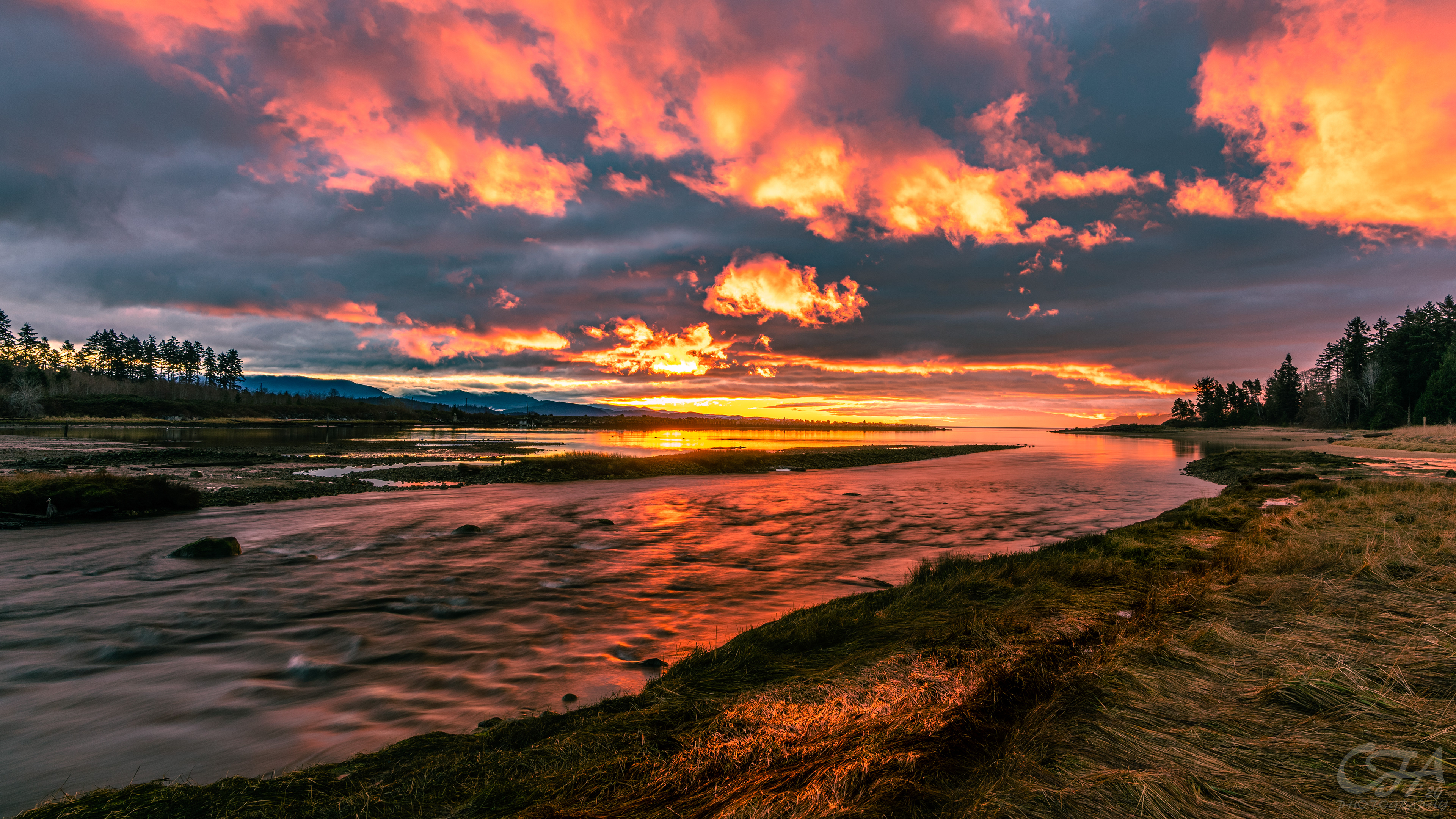 sunrise, colour, clouds, bay, grass, estuary