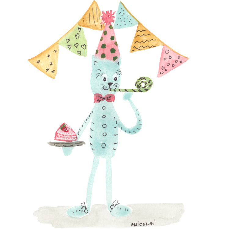 AN053 party cat with hat and cake