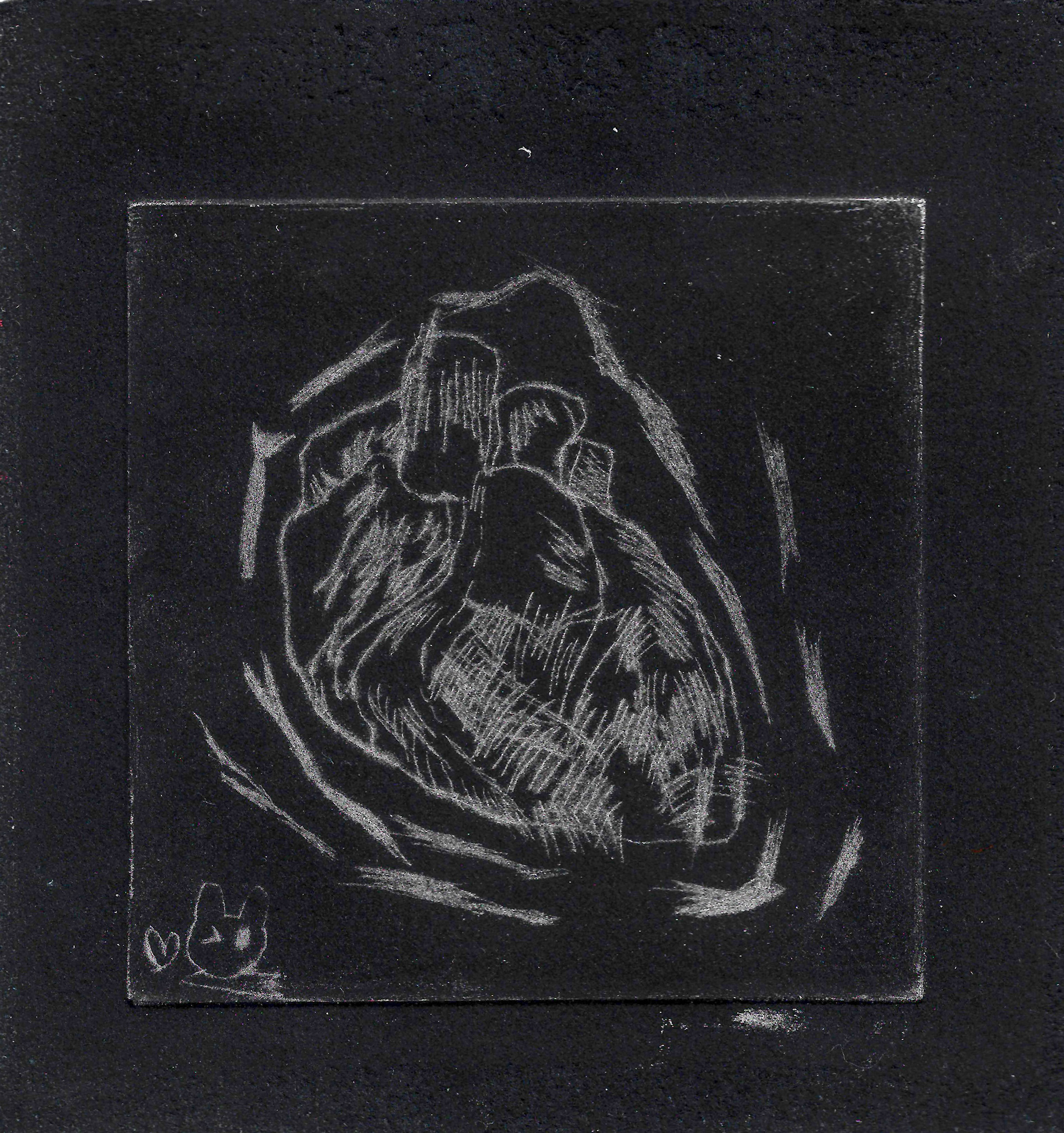 Heart and winking rabbit, etching on paper, 10x10cm, 2024