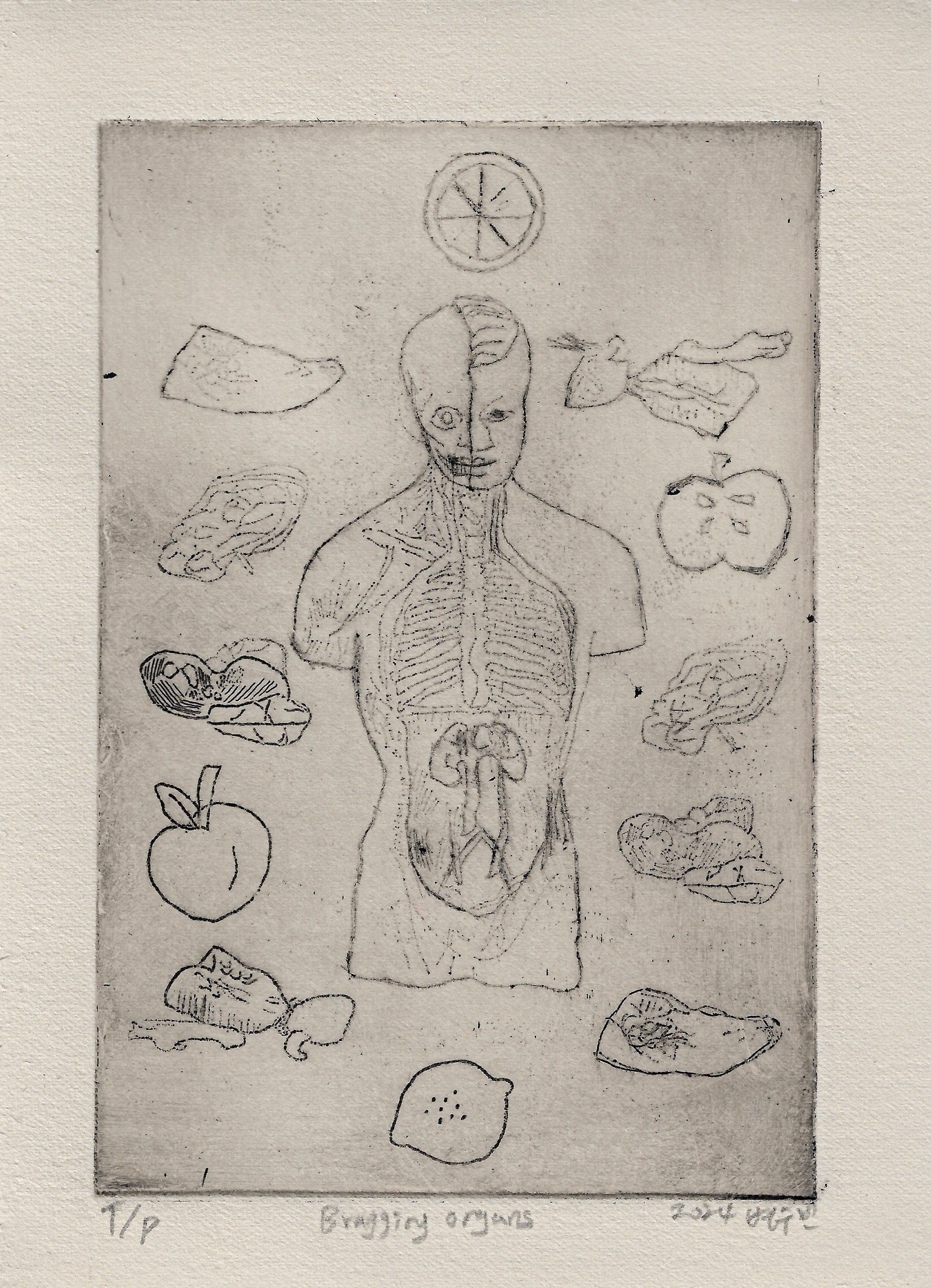 bragging organs, etching on paper, 15x10cm, 2024