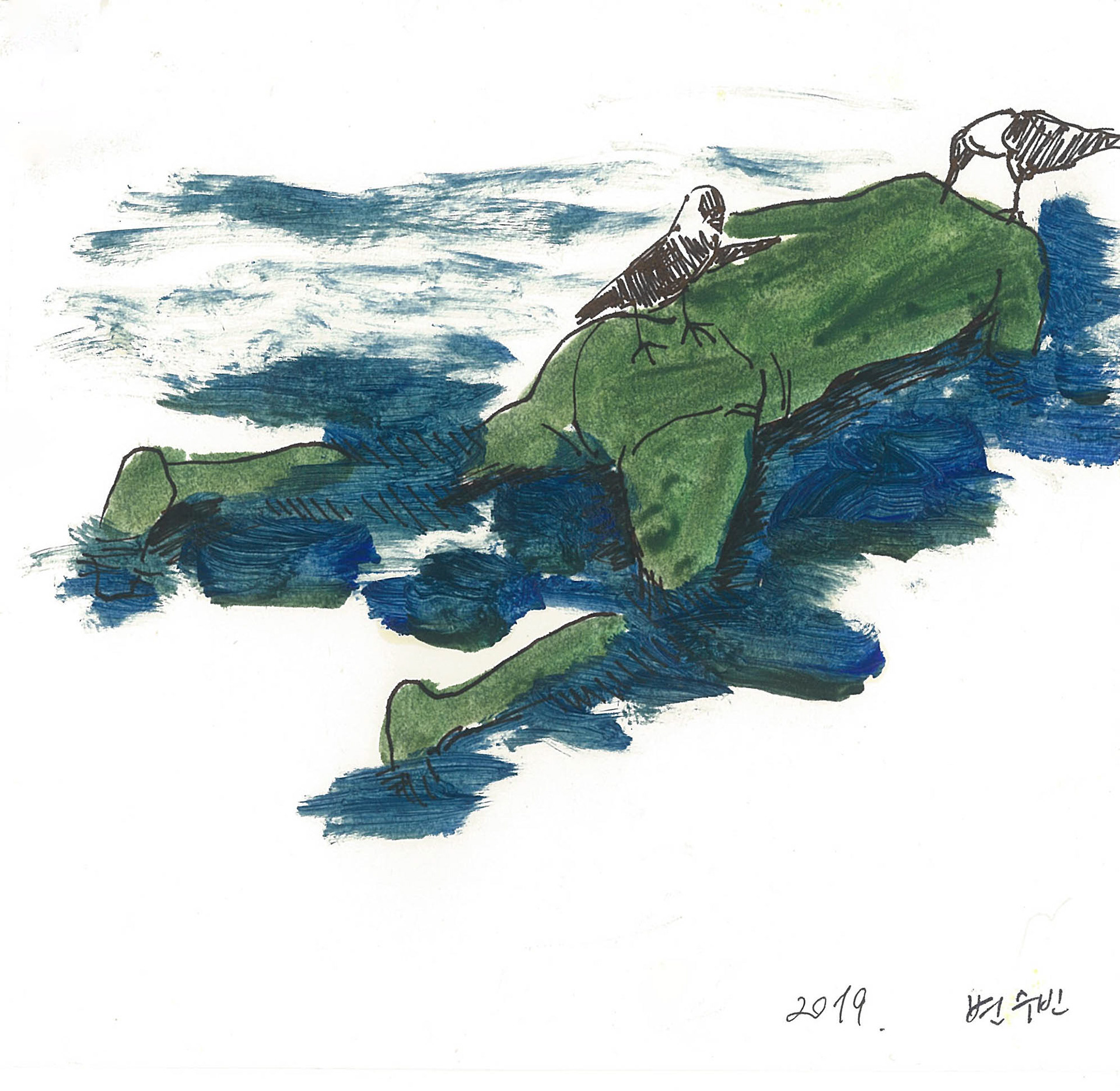 human body drawing 1, guache on paper, 16x17cm, 2019