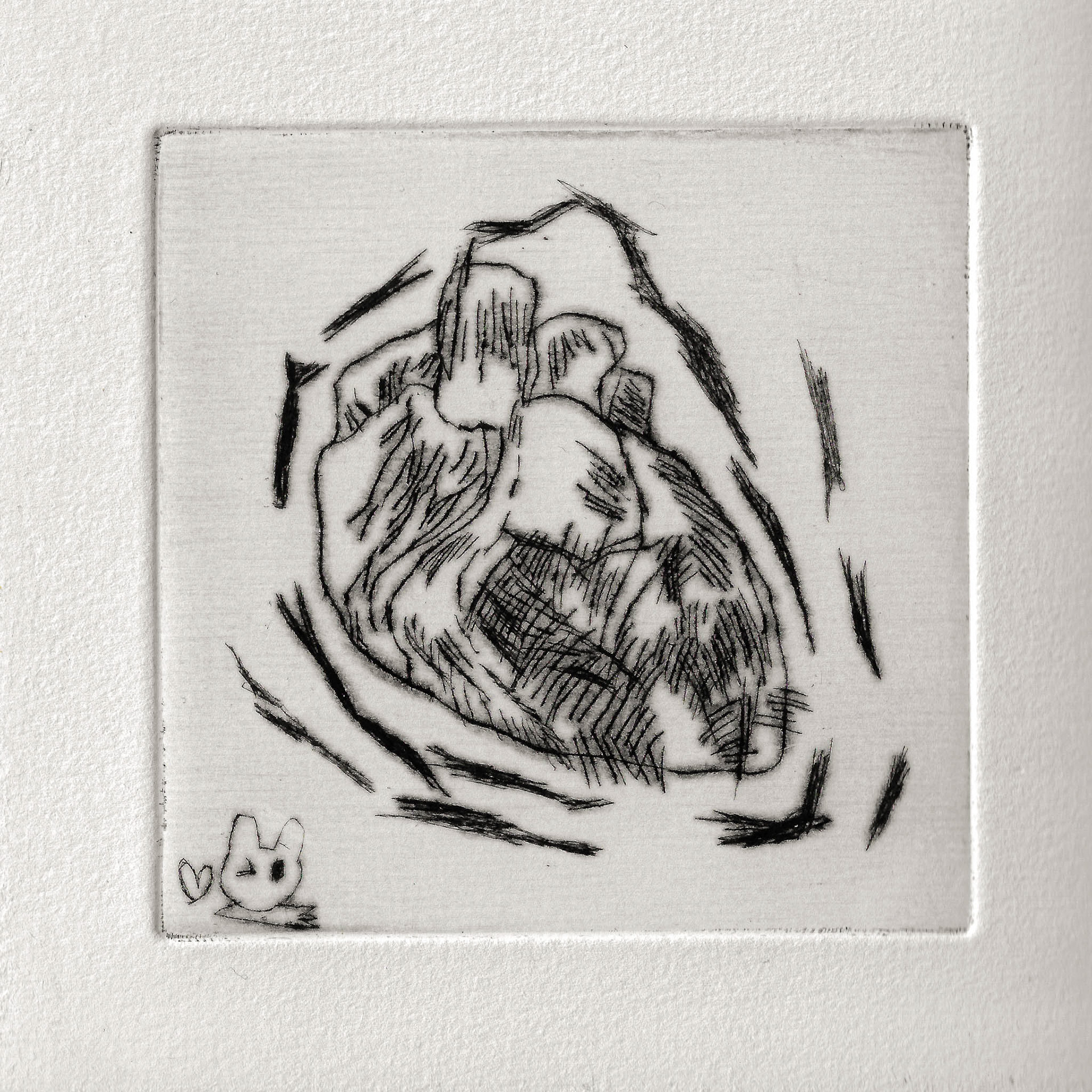 Heart and winking rabbit, etching on paper, 10x10cm, 2024