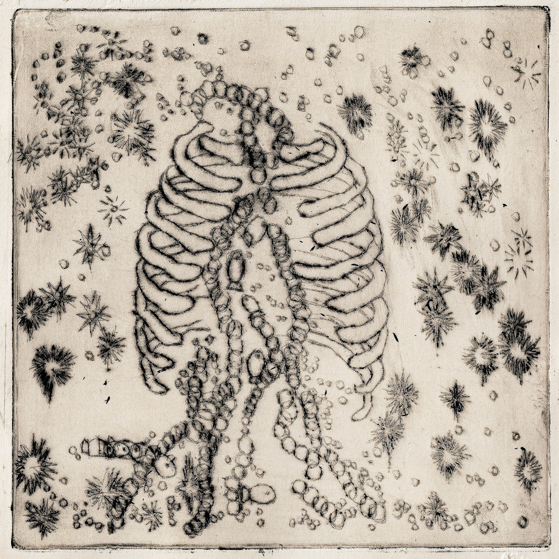 Bubble and fish, drypoint on paper, 20x20cm, 2024