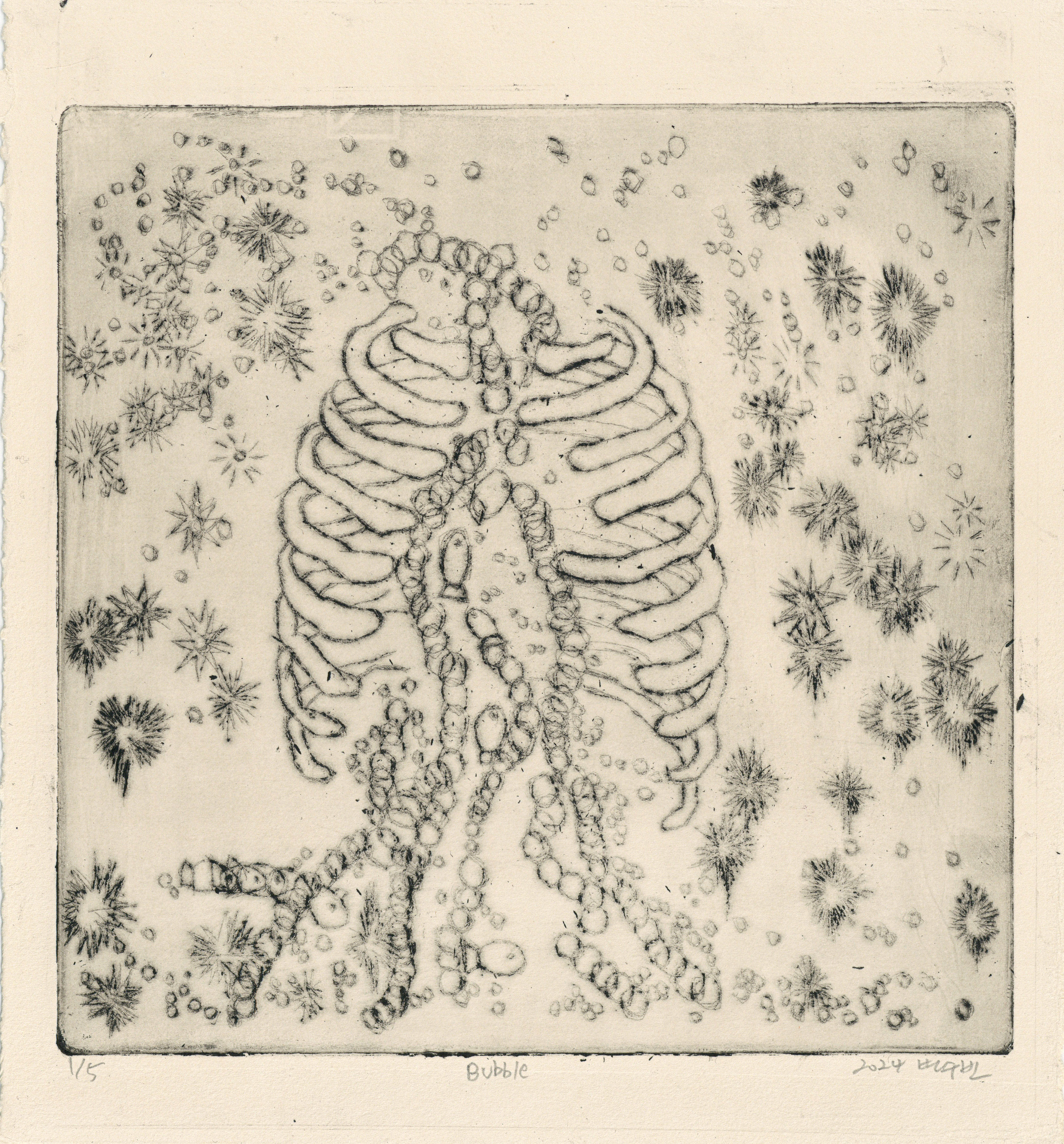 Bubble and fish, drypoint on paper, 20x20cm, 2024