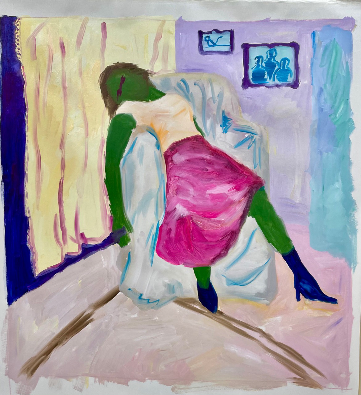 homicide parlor/female victim in chair-1, oil on canvas roll, 160x170cm, 2021