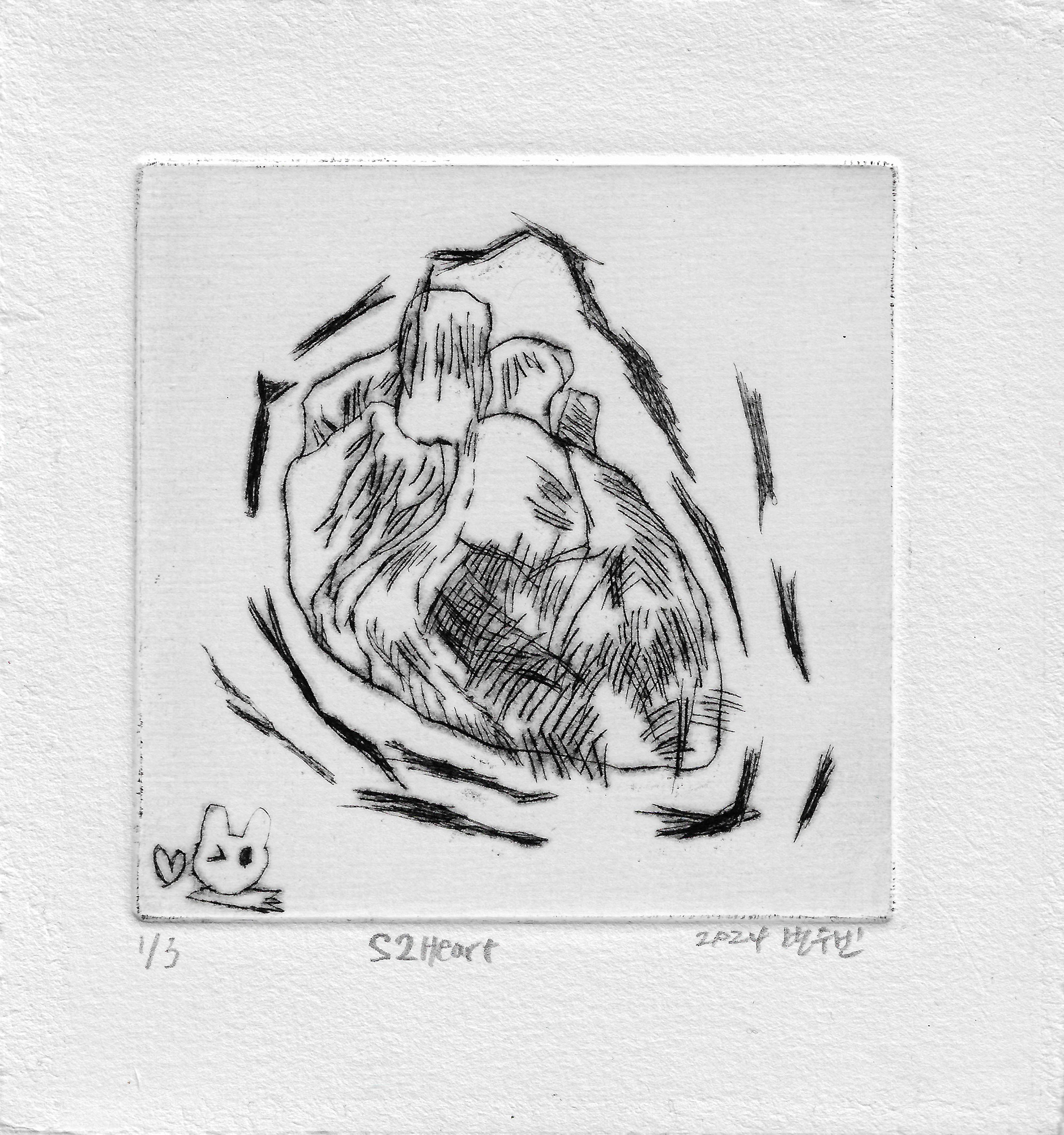 S2 heart, drypoint on paper, 10x10, 2024