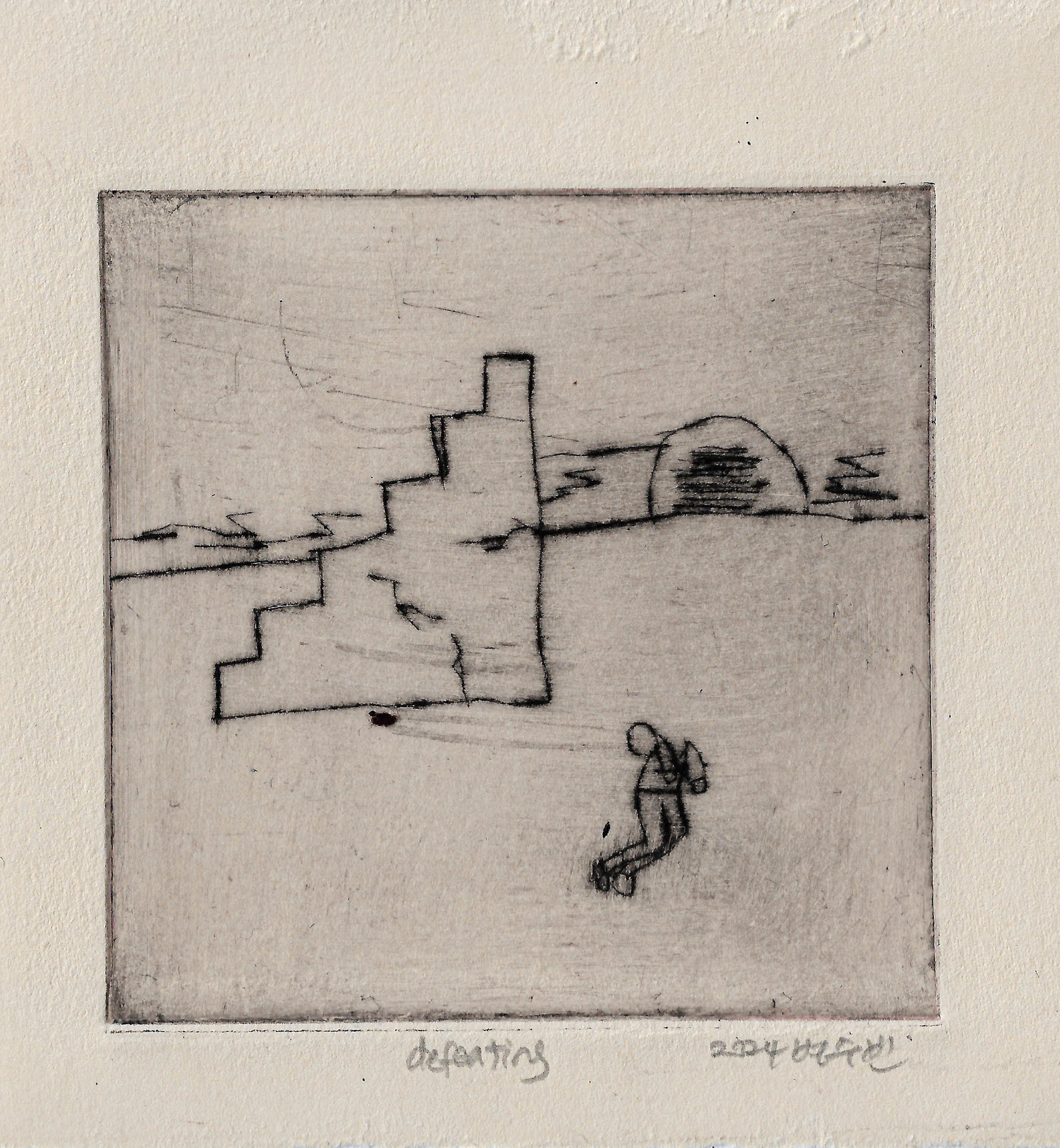 defeating, drypoint on paper, 10x10, 2024