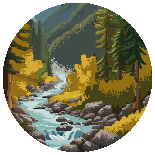 Pixel art of rushing waterfall in the forest.