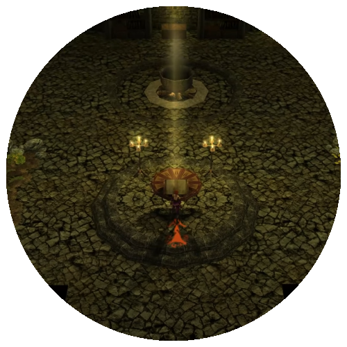 Foreground features a red headed half elf PC approaching a large book on a table with light shining from the ceiling. Background features a cobblestone room with a large cauldron on the other side of the floor.