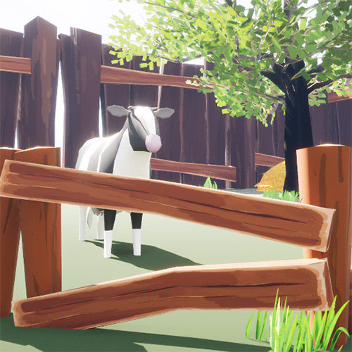 A black and white cow stands behind a wooden fence in a grass field.