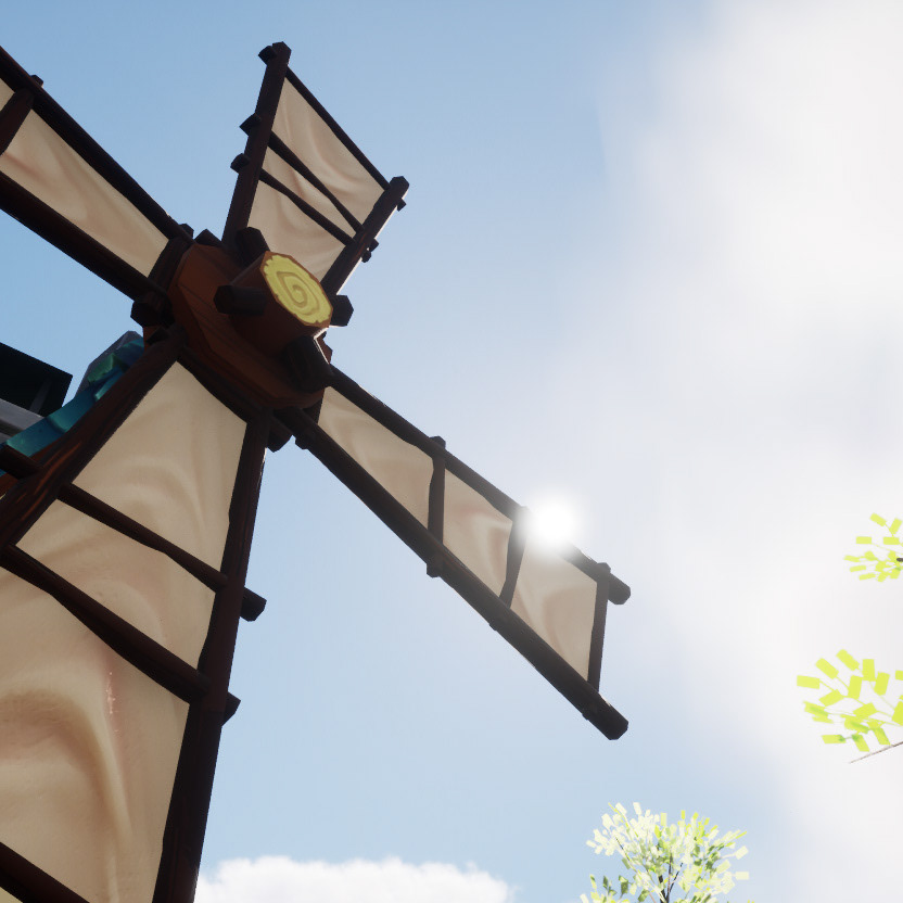 The sun peeks behind the blades of an old fashion windmill.