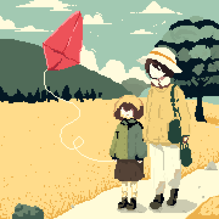Pixel art of mother and daughter playing with kite in a park.