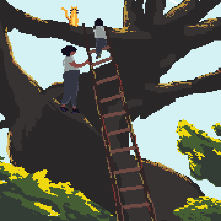 Pixel art of parent and child rescuing cat from tree.