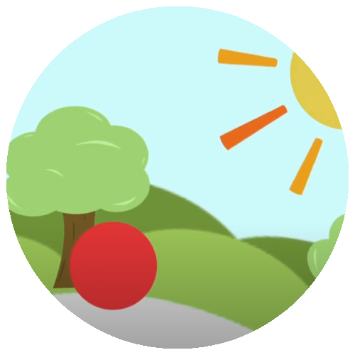 Foreground features a red ball. Background features rolling green hills, trees, and a sun on a blue sky. The entire landscape is in a 2D flat style.
